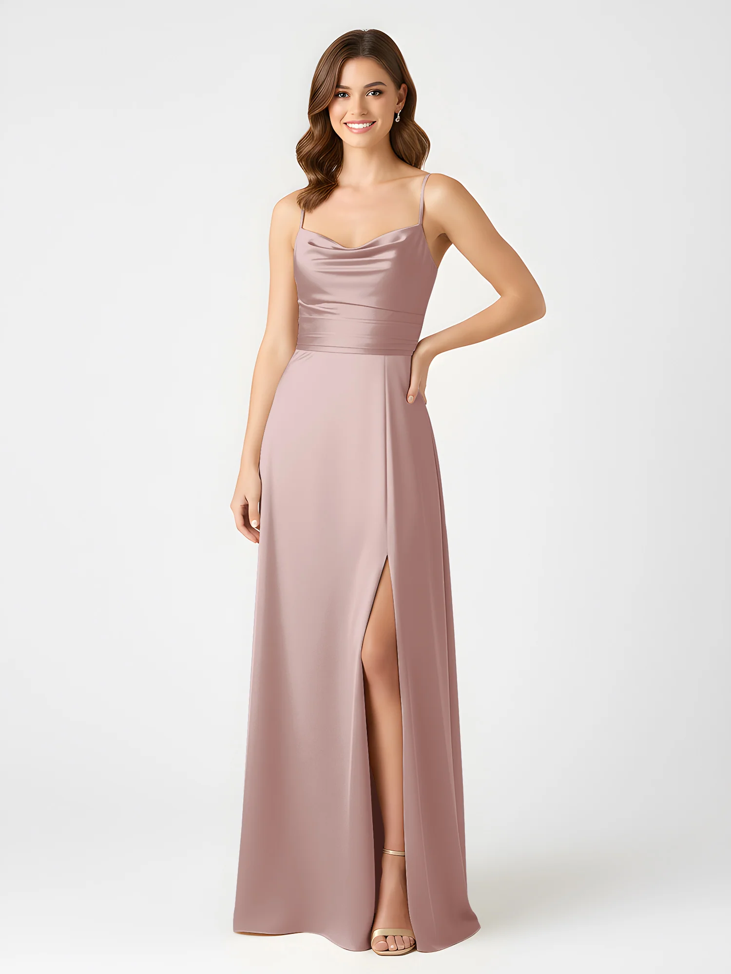 Cowl Neck Spaghetti Strap Acetate Satin Gown with Slit Dusty Rose - Image 3