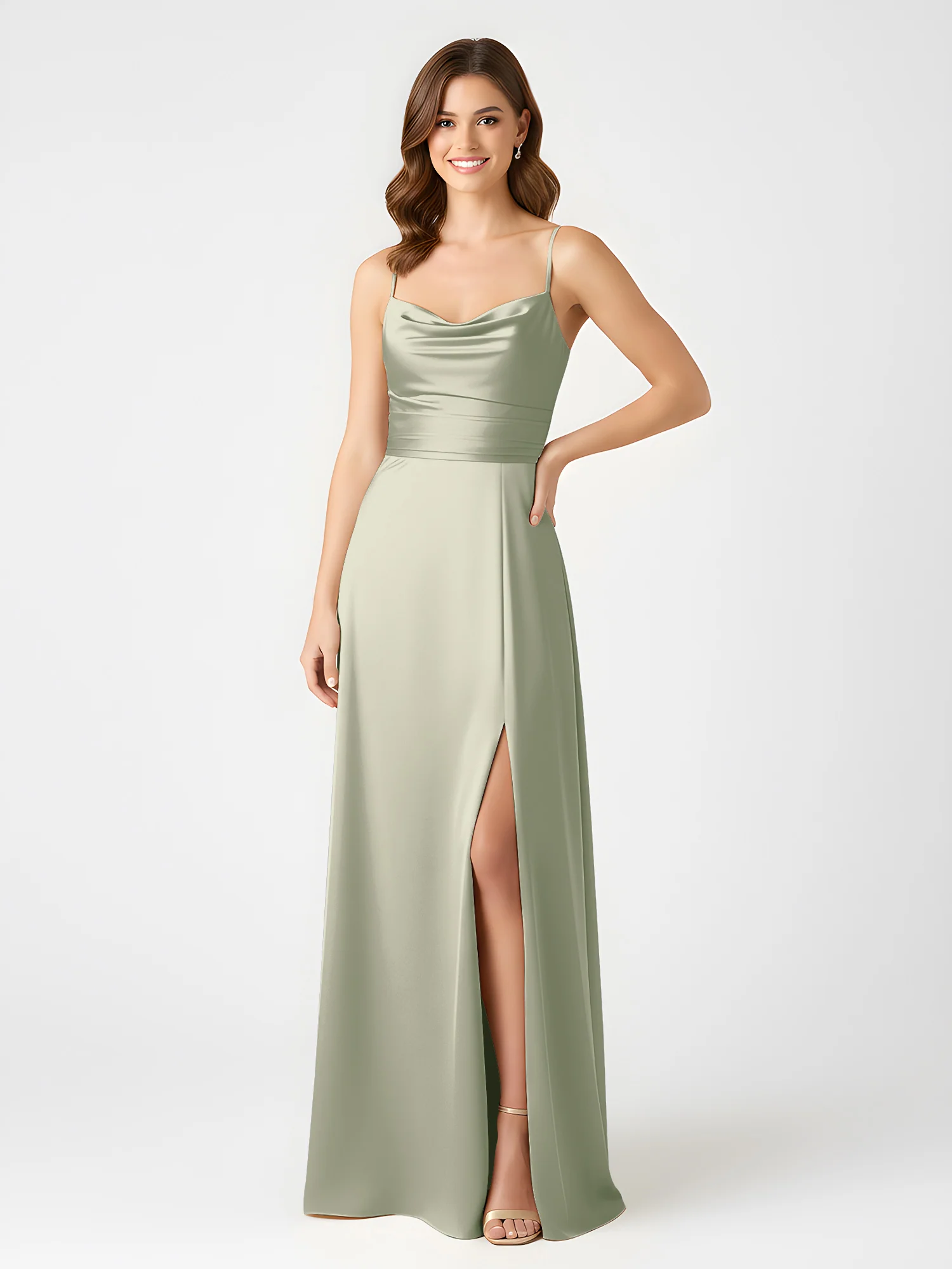 Cowl Neck Spaghetti Strap Acetate Satin Gown with Slit Dusty Sage - Image 3