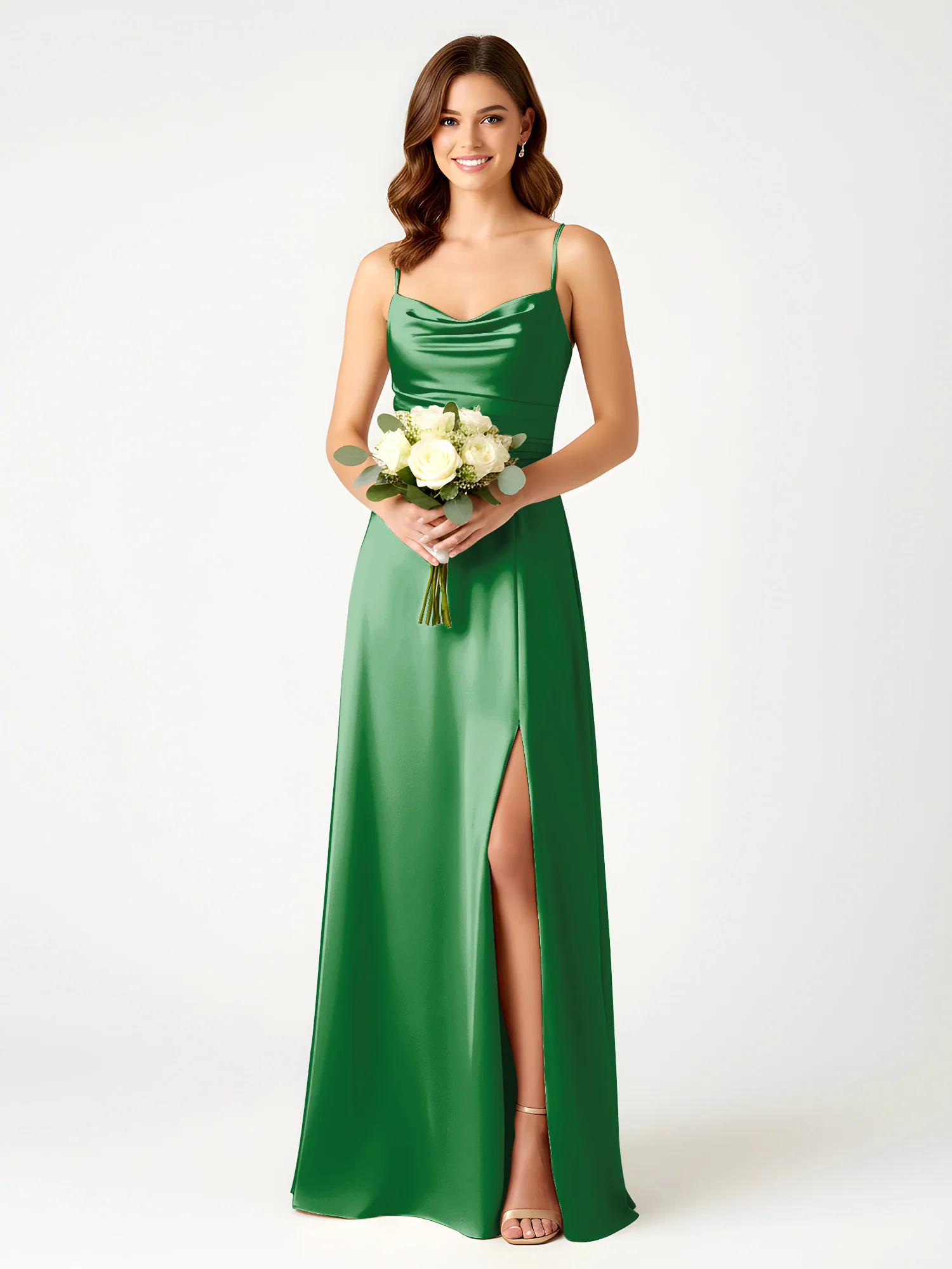 Cowl Neck Spaghetti Strap Acetate Satin Gown with Slit Emerald