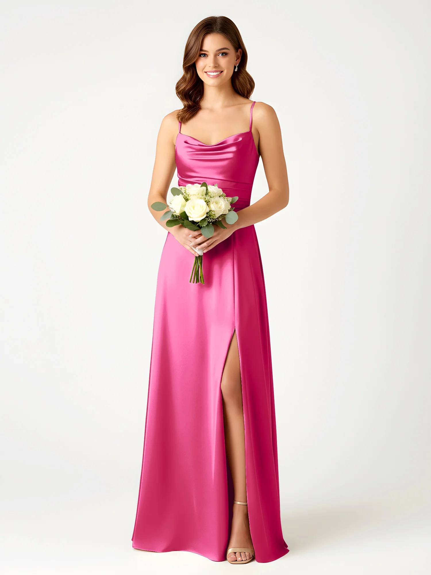 Cowl Neck Spaghetti Strap Acetate Satin Gown with Slit Fuchsia