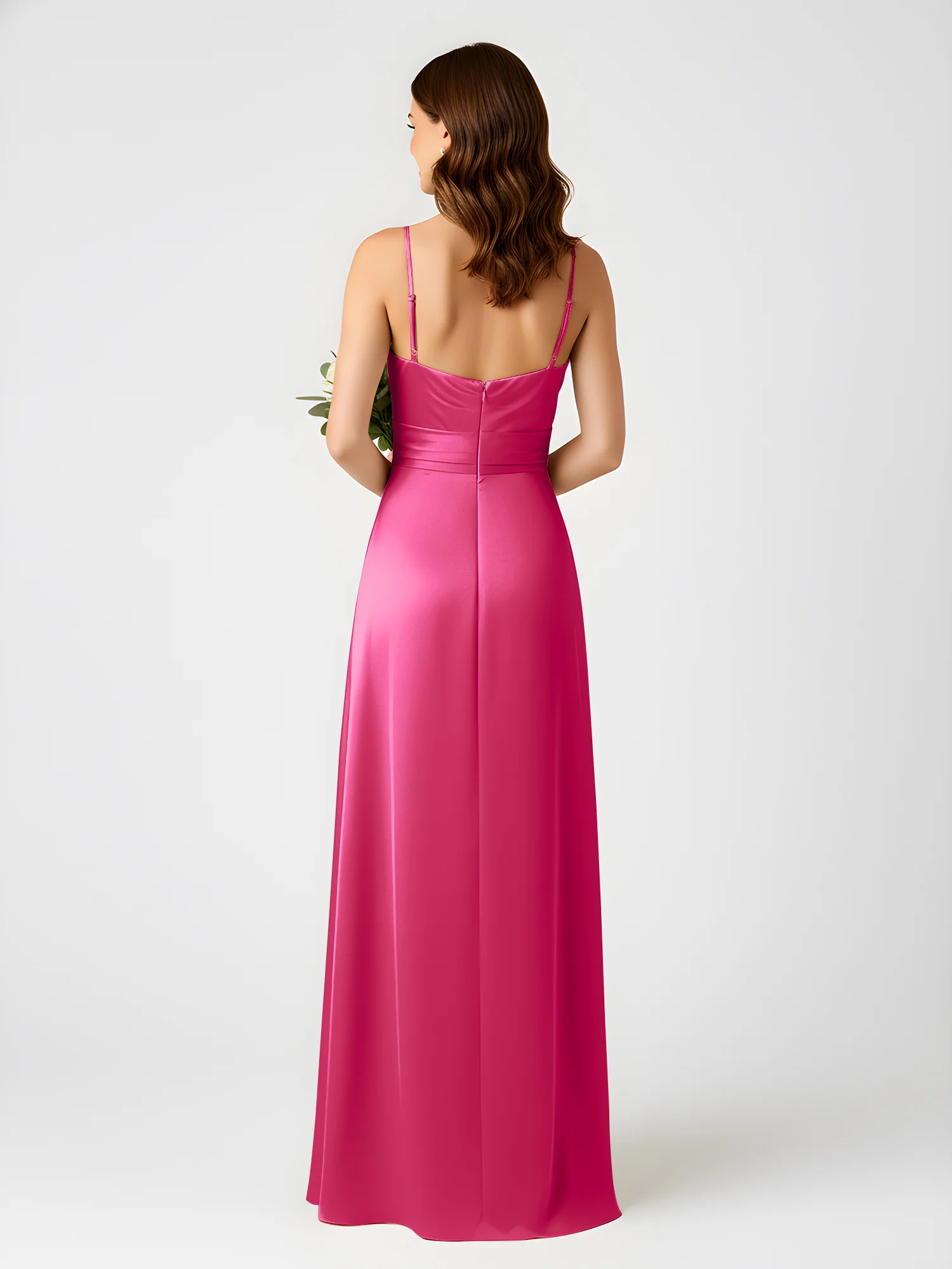 Cowl Neck Spaghetti Strap Acetate Satin Gown with Slit Fuchsia - Image 2