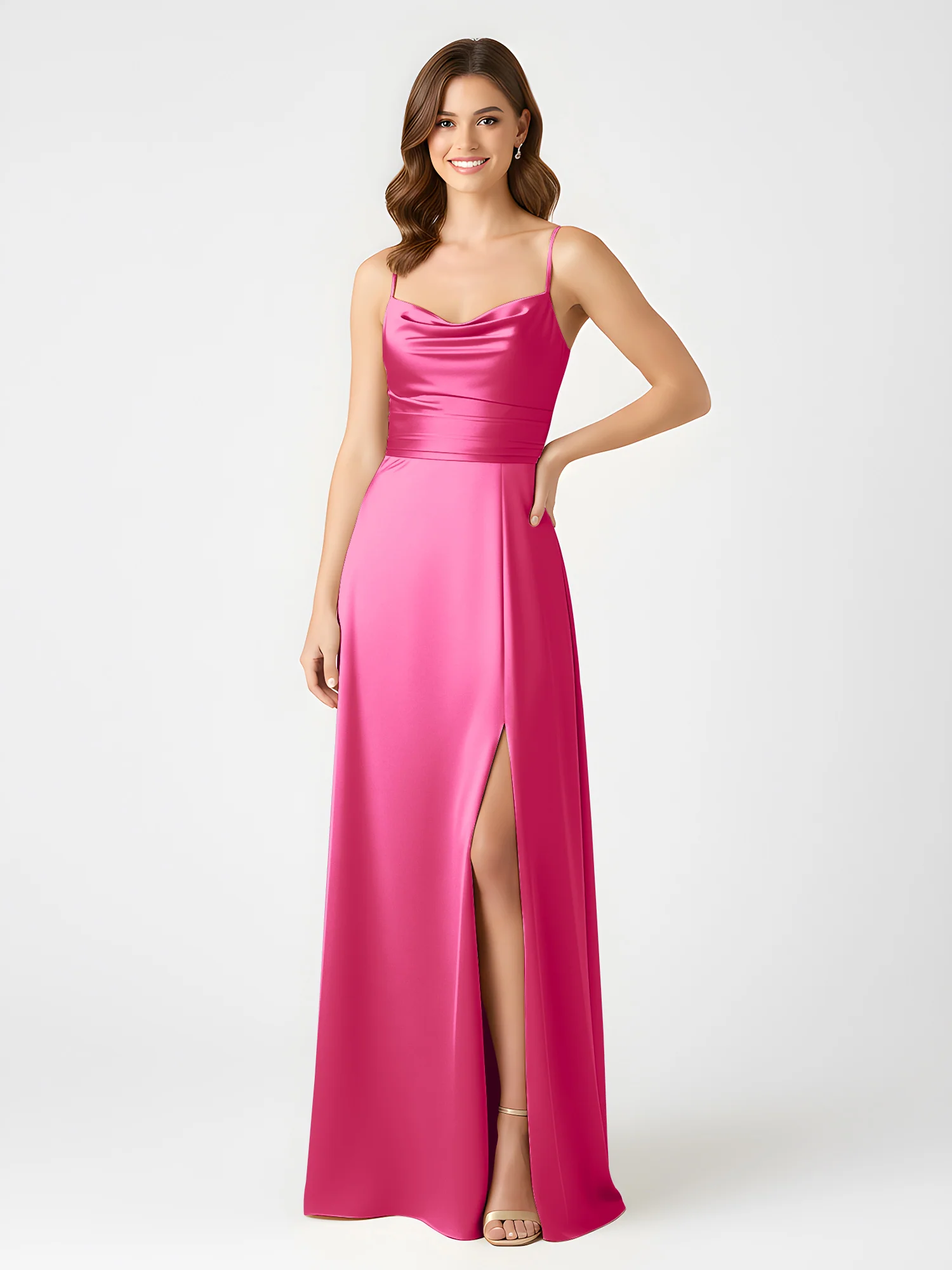 Cowl Neck Spaghetti Strap Acetate Satin Gown with Slit Fuchsia - Image 3