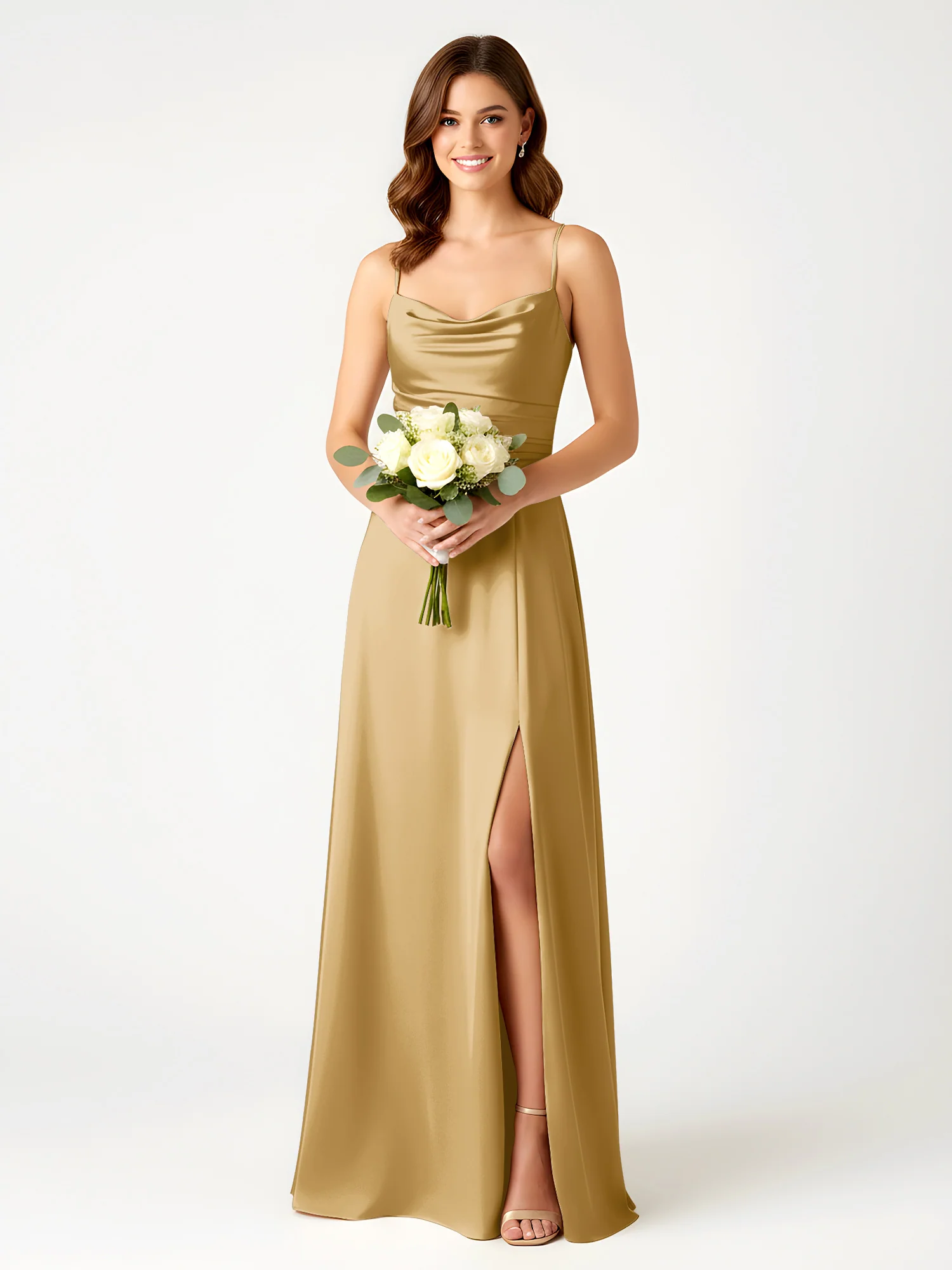 Cowl Neck Spaghetti Strap Acetate Satin Gown with Slit Gold