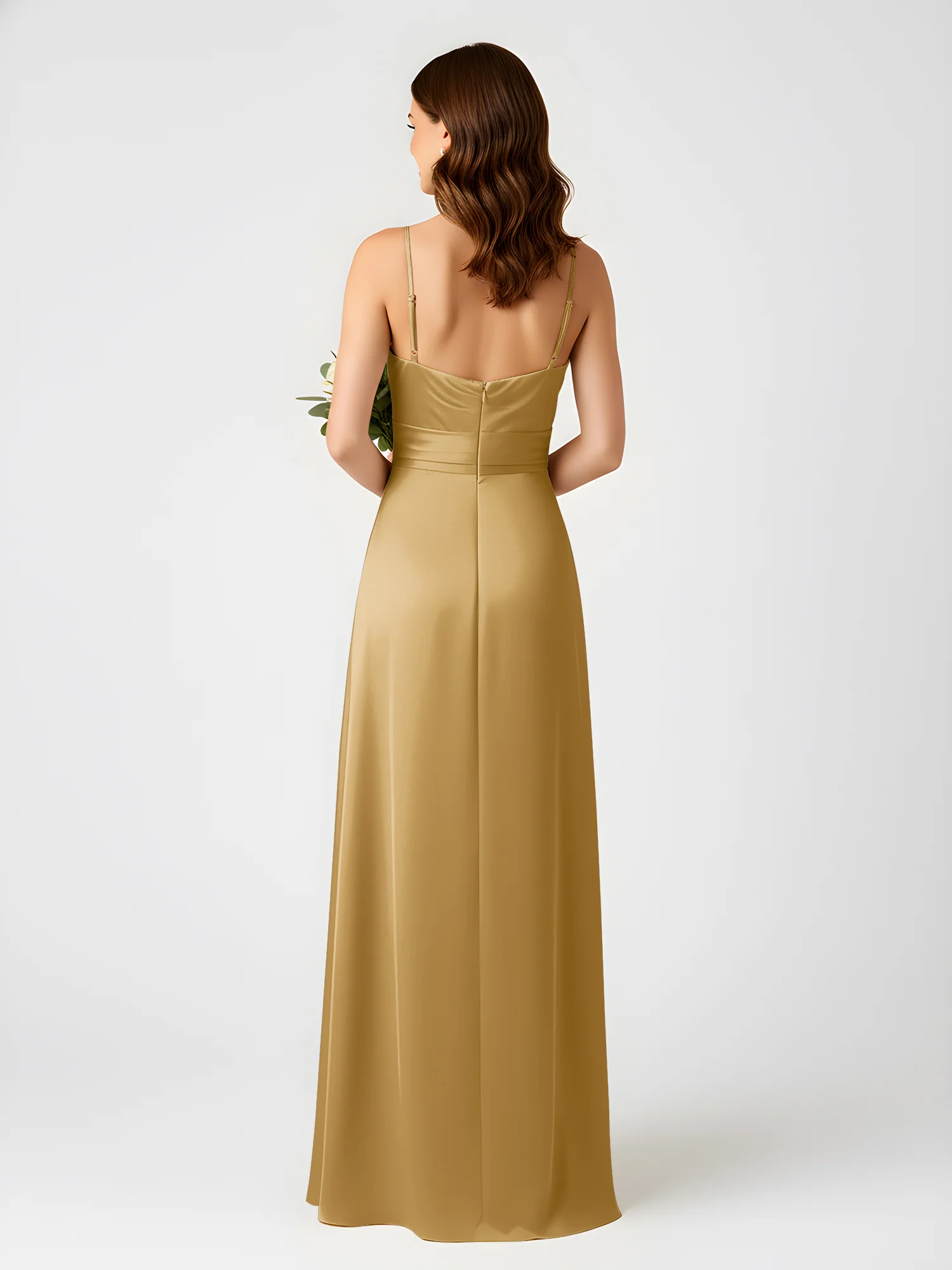 Cowl Neck Spaghetti Strap Acetate Satin Gown with Slit Gold - Image 2