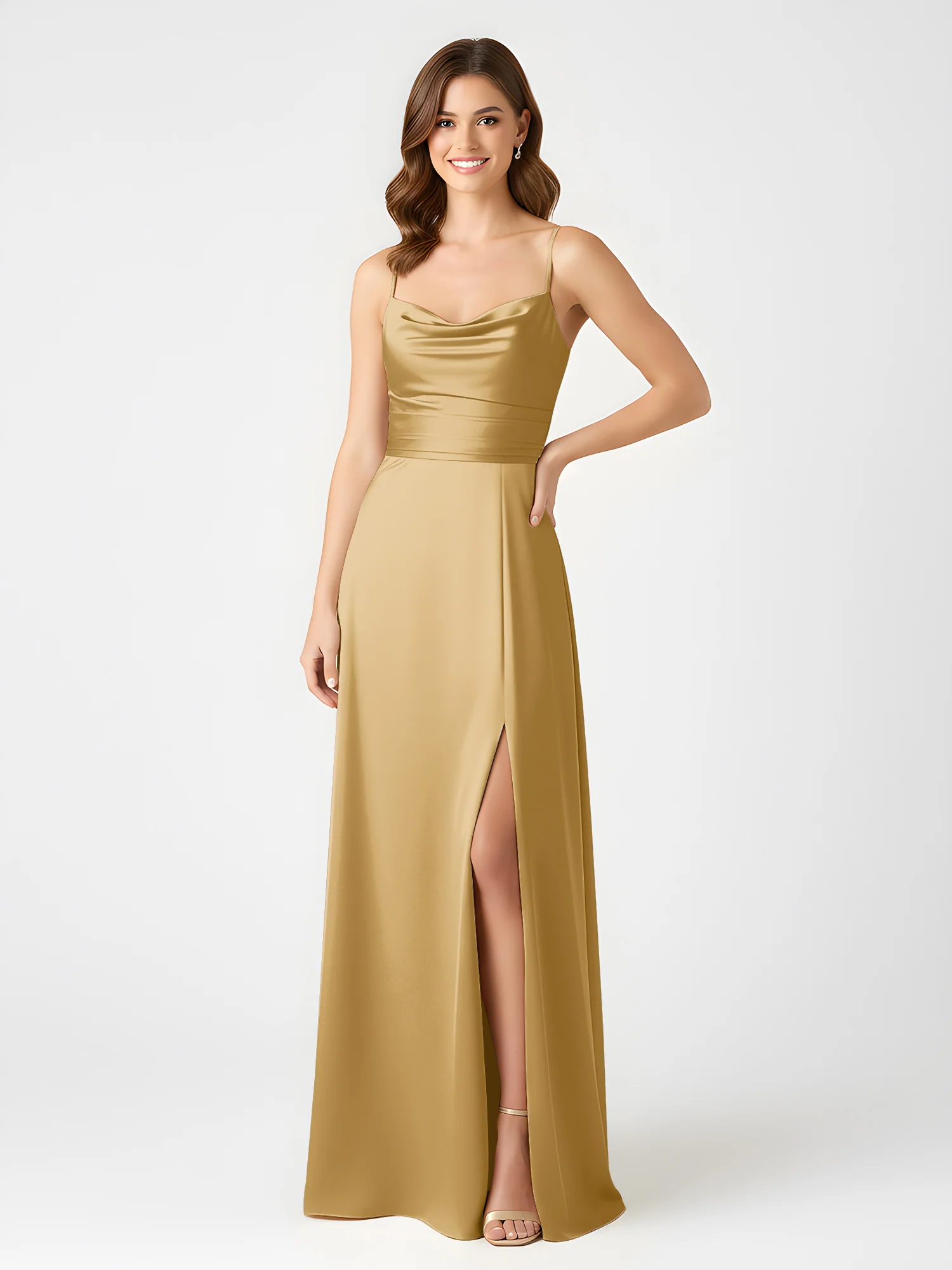 Cowl Neck Spaghetti Strap Acetate Satin Gown with Slit Gold - Image 3