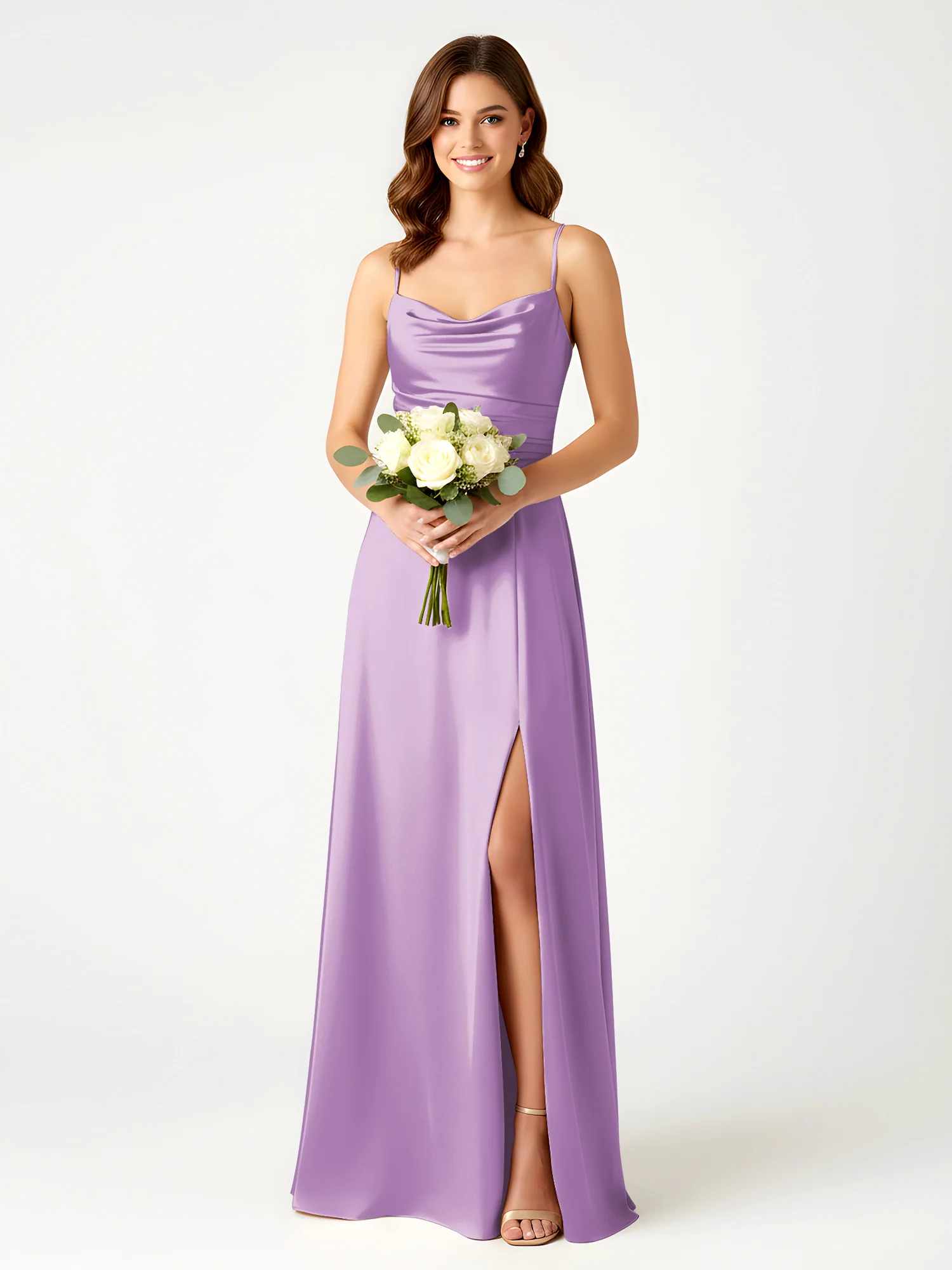 Cowl Neck Spaghetti Strap Acetate Satin Gown with Slit Lilac