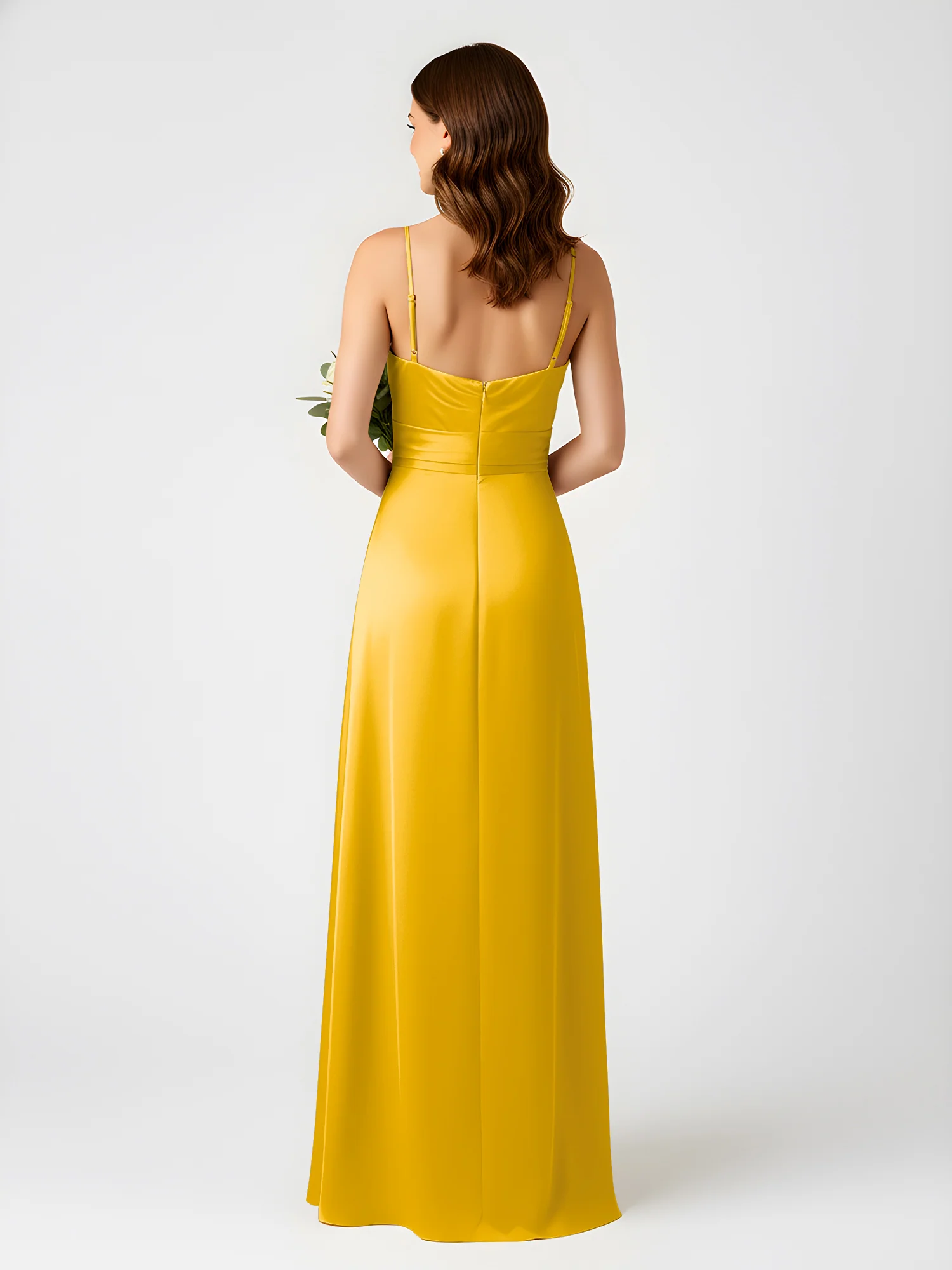 Cowl Neck Spaghetti Strap Acetate Satin Gown with Slit Marigold - Image 2