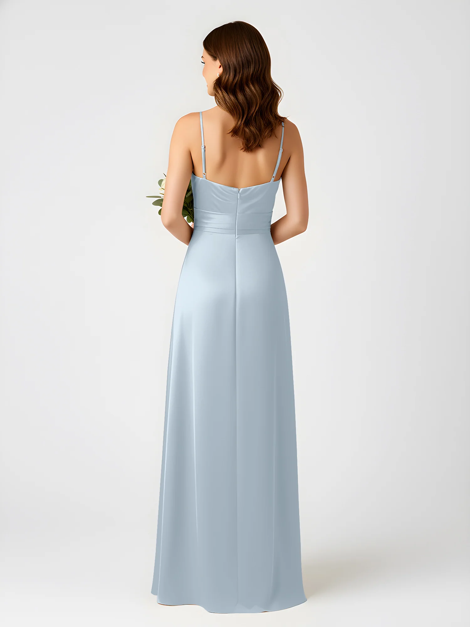 Cowl Neck Spaghetti Strap Acetate Satin Gown with Slit Mist - Image 2
