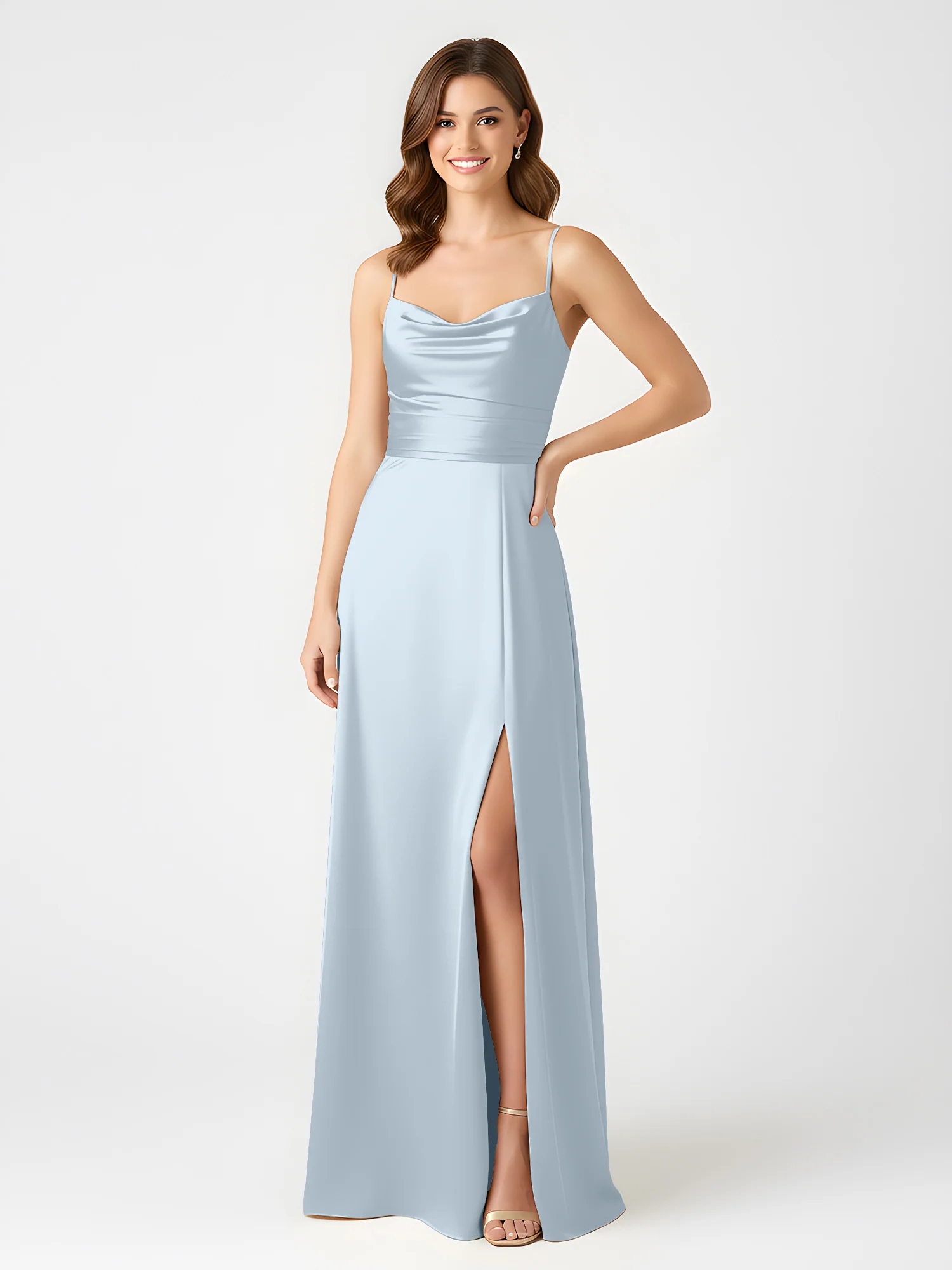 Cowl Neck Spaghetti Strap Acetate Satin Gown with Slit Mist - Image 3