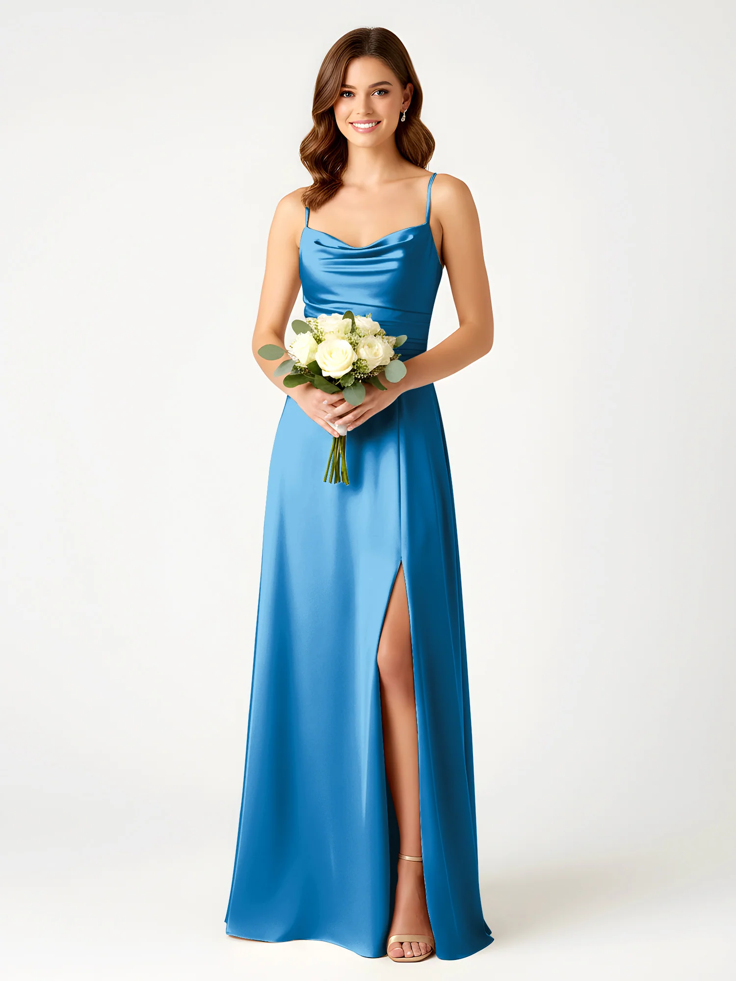 Cowl Neck Spaghetti Strap Acetate Satin Gown with Slit Ocean Blue