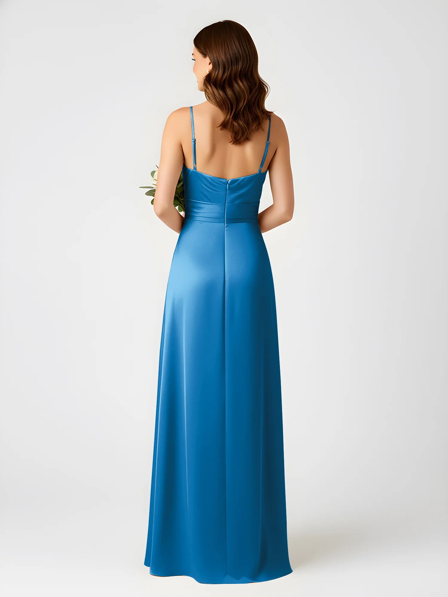 Cowl Neck Spaghetti Strap Acetate Satin Gown with Slit Ocean Blue - Image 2