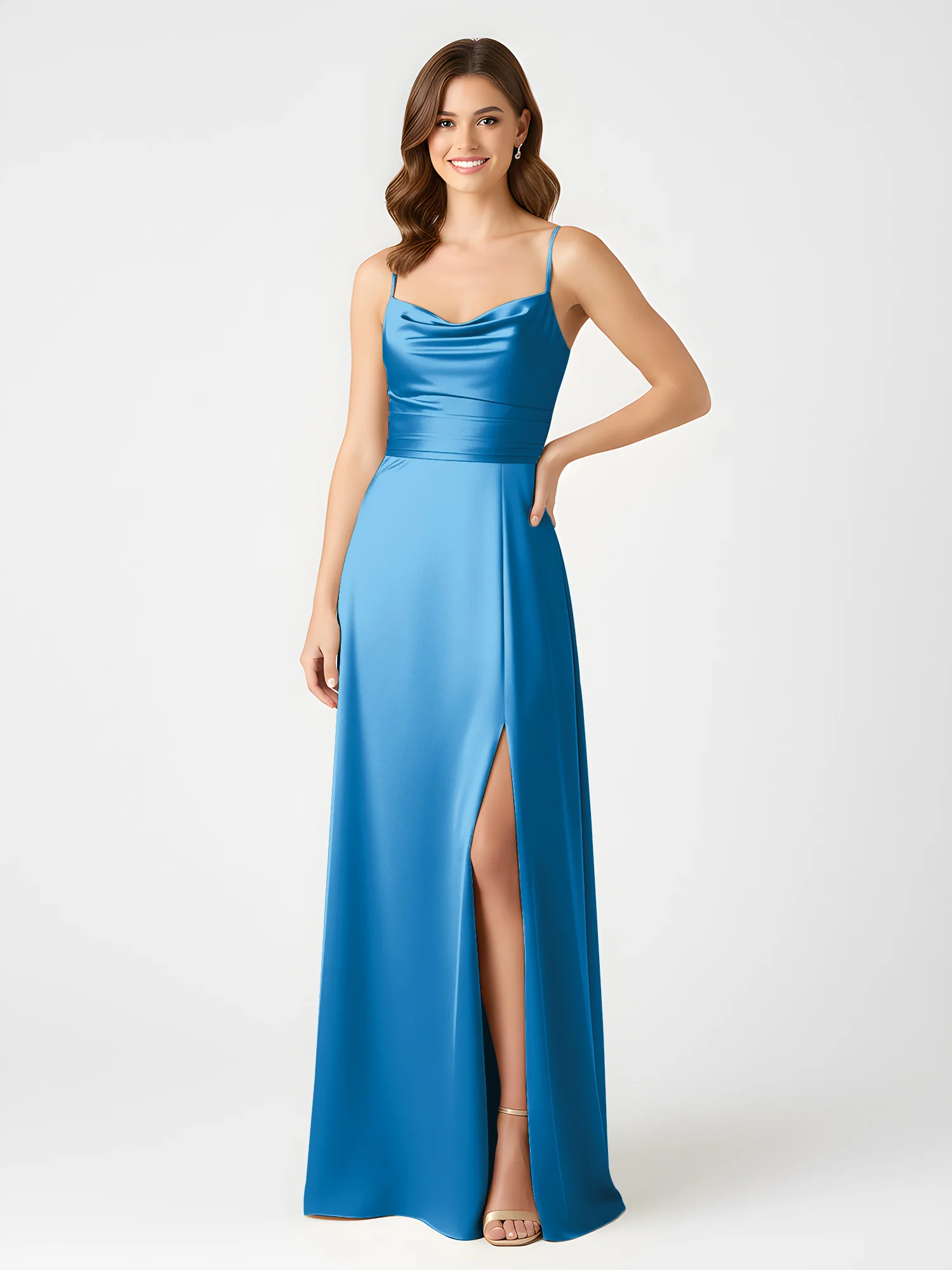 Cowl Neck Spaghetti Strap Acetate Satin Gown with Slit Ocean Blue - Image 3
