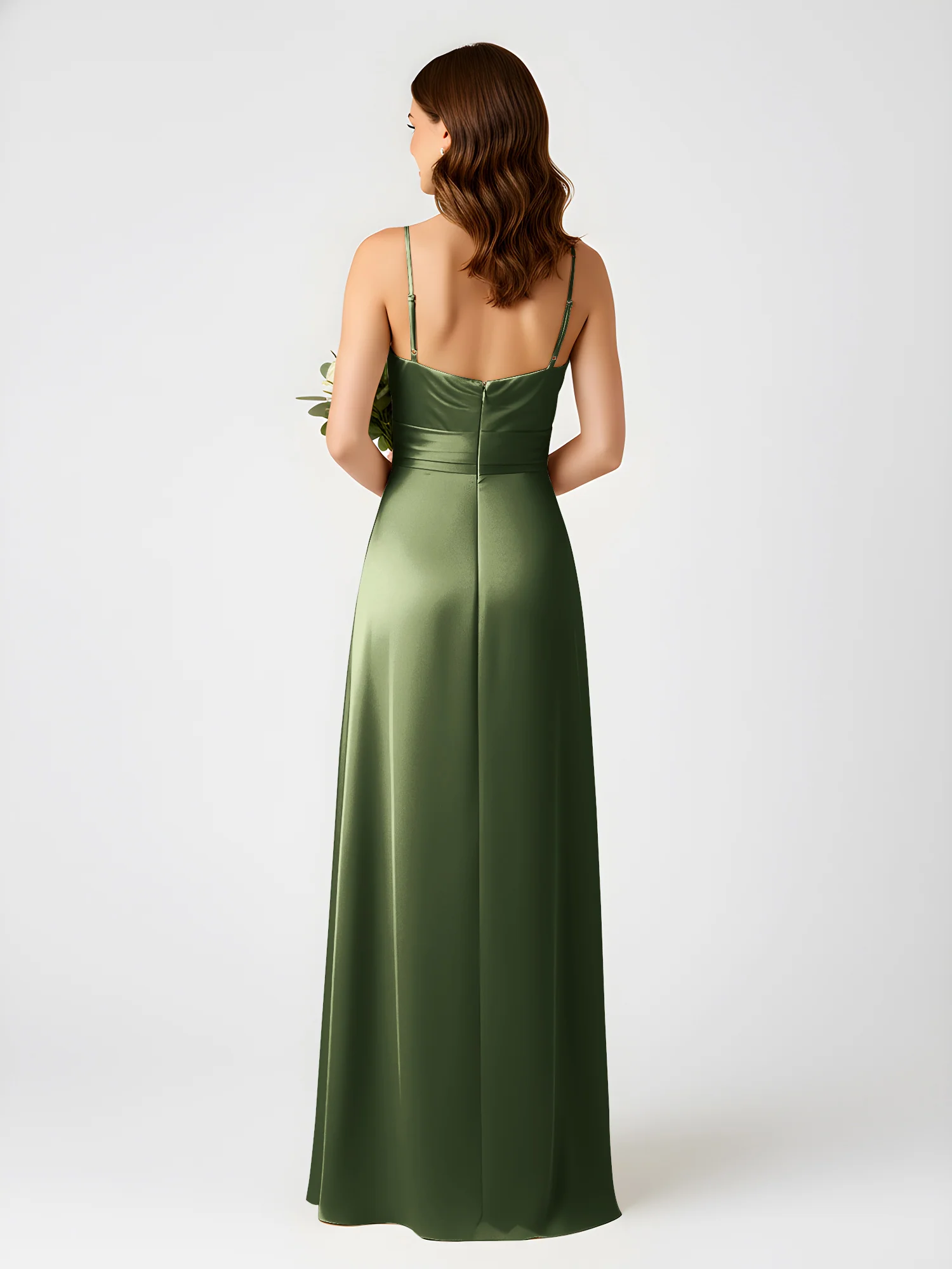 Cowl Neck Spaghetti Strap Acetate Satin Gown with Slit Olive Green - Image 2