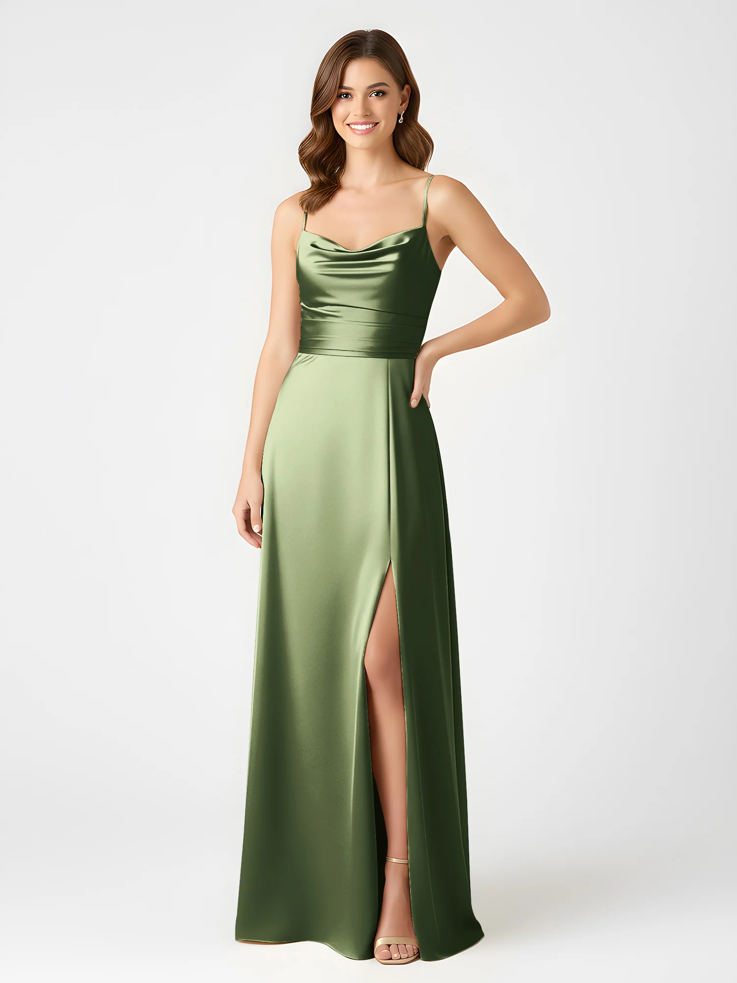Cowl Neck Spaghetti Strap Acetate Satin Gown with Slit Olive Green - Image 3