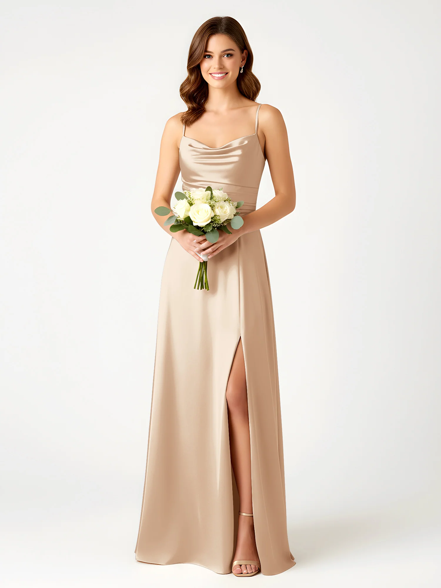 Cowl Neck Spaghetti Strap Acetate Satin Gown with Slit Peach