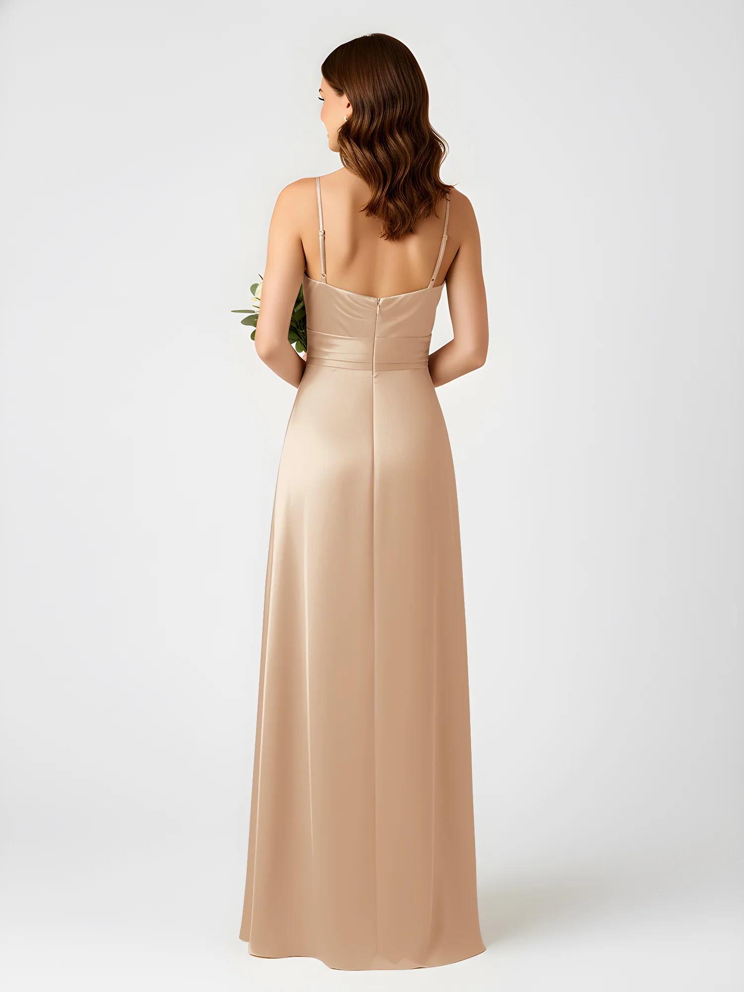 Cowl Neck Spaghetti Strap Acetate Satin Gown with Slit Peach - Image 2