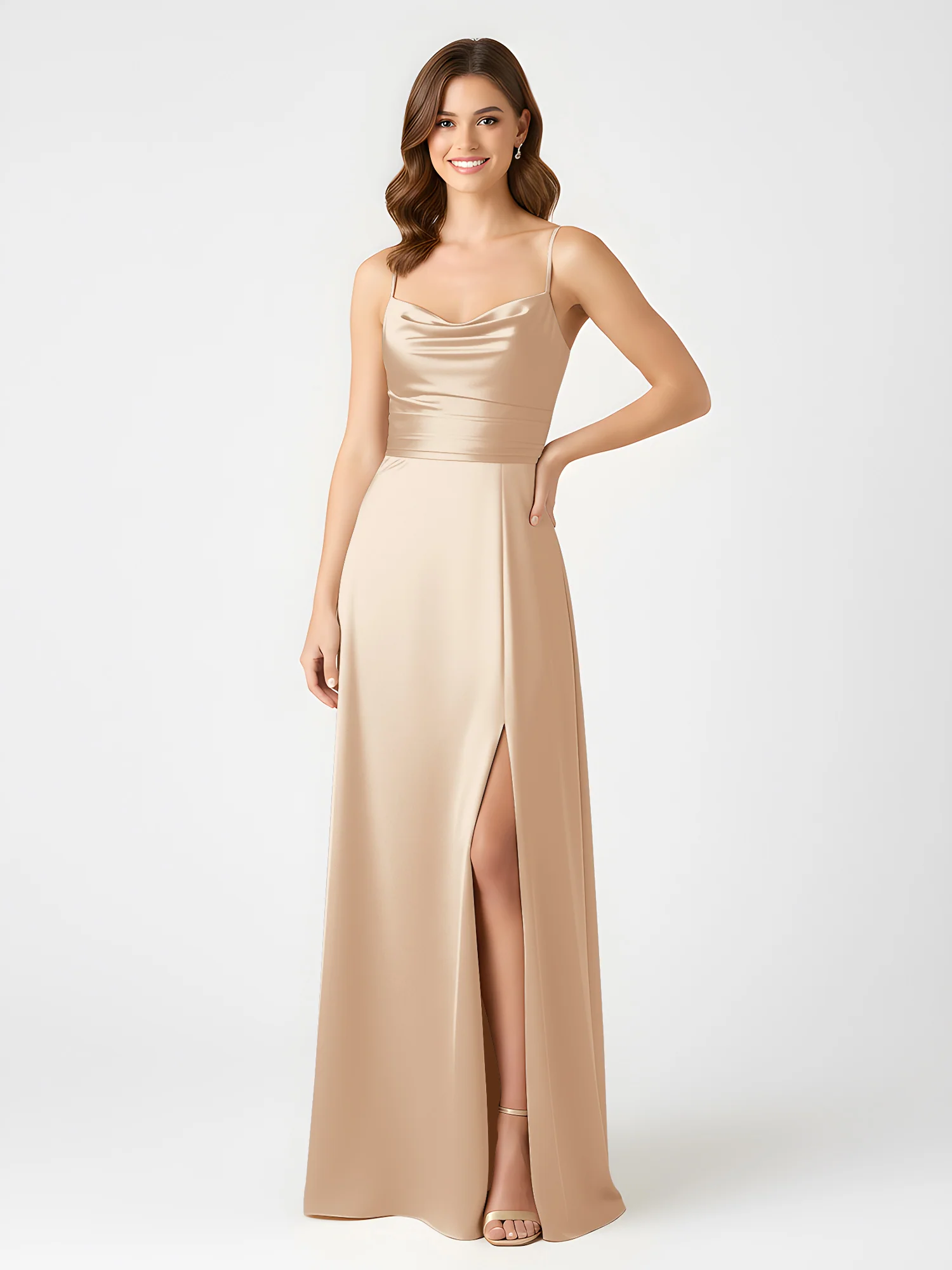 Cowl Neck Spaghetti Strap Acetate Satin Gown with Slit Peach - Image 3