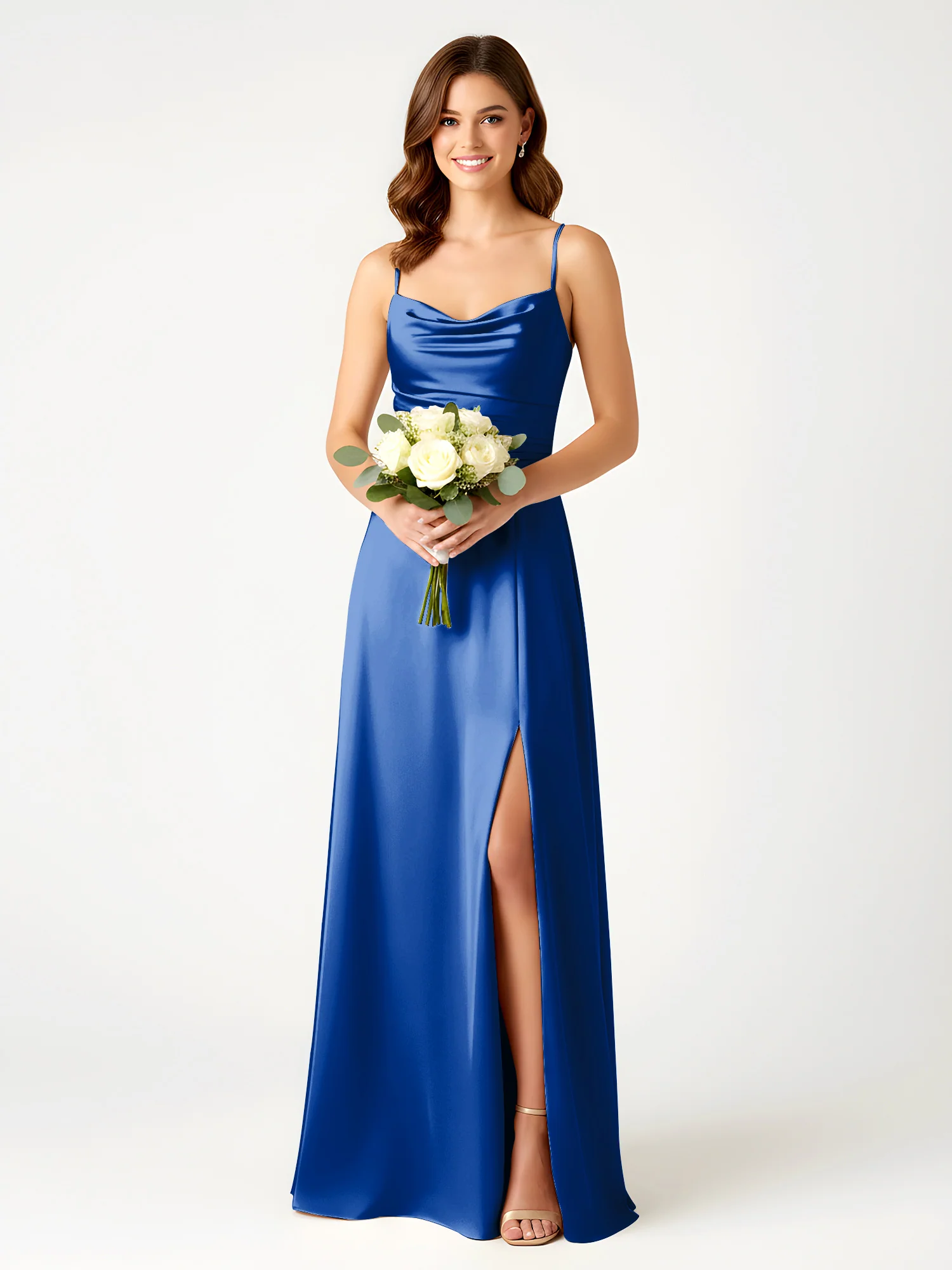 Cowl Neck Spaghetti Strap Acetate Satin Gown with Slit Royal Blue