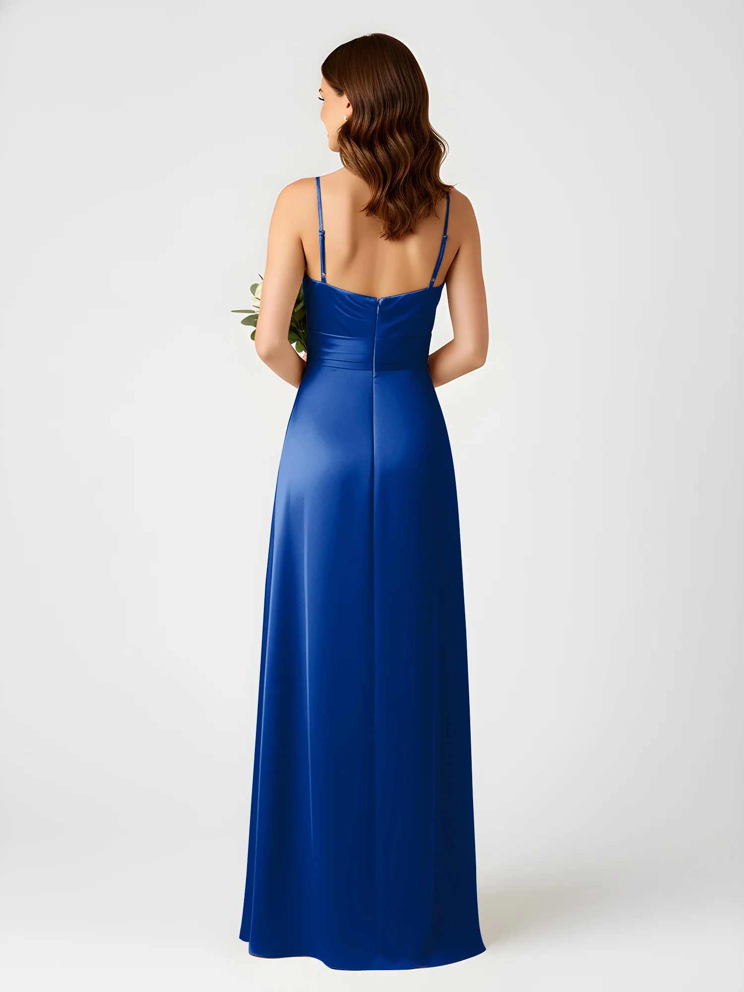 Cowl Neck Spaghetti Strap Acetate Satin Gown with Slit Royal Blue - Image 2