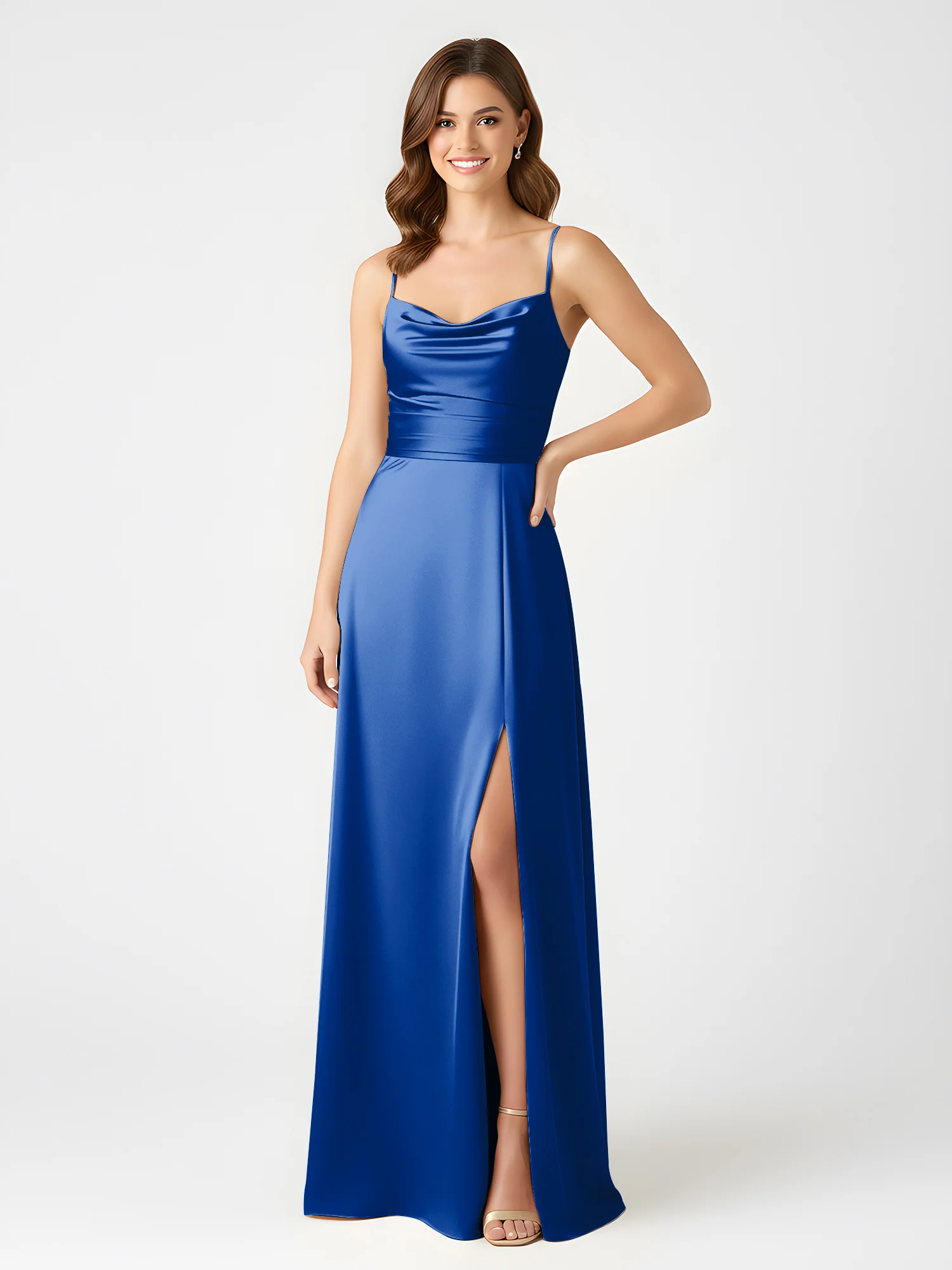 Cowl Neck Spaghetti Strap Acetate Satin Gown with Slit Royal Blue - Image 3