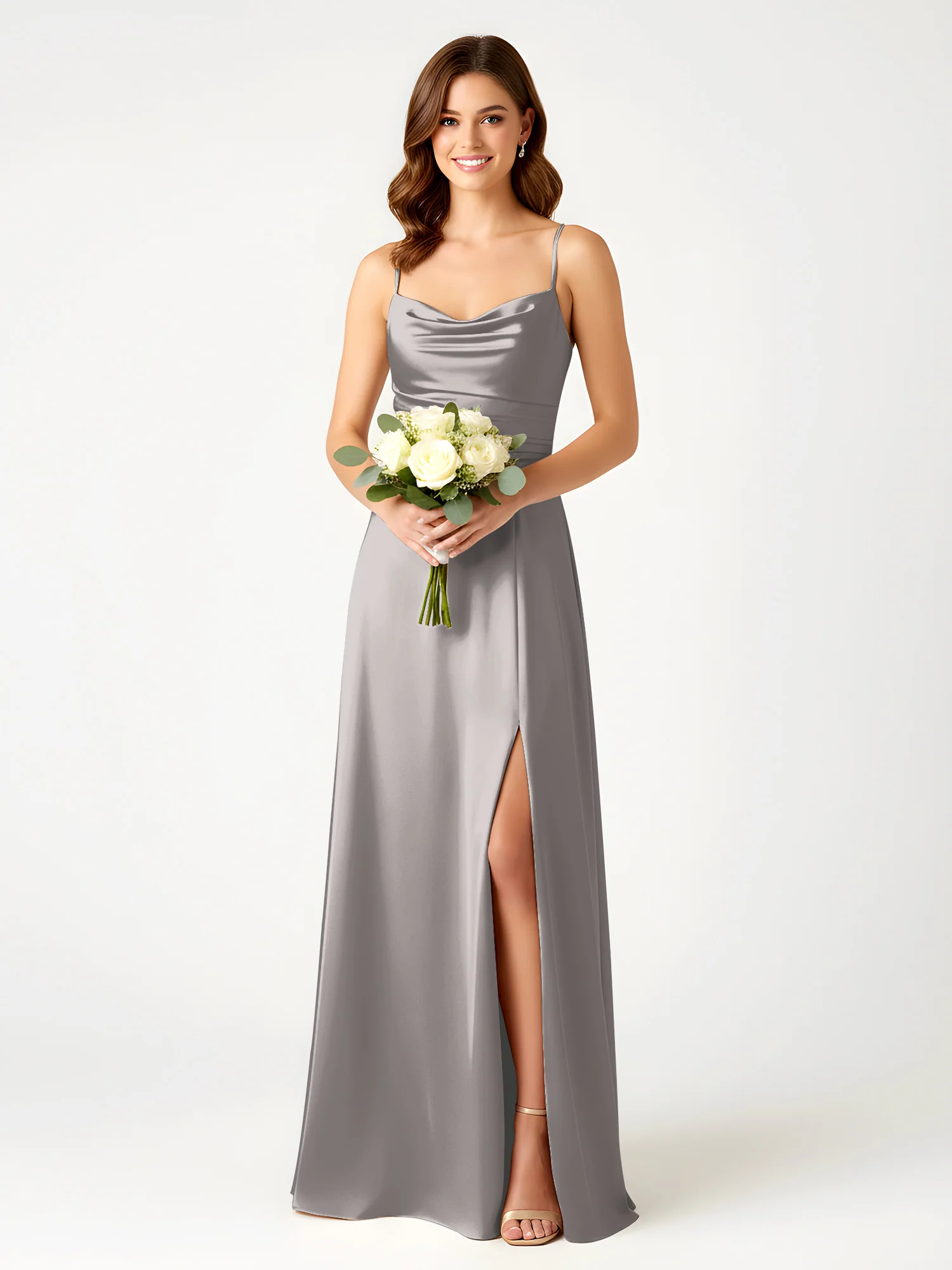 Cowl Neck Spaghetti Strap Acetate Satin Gown with Slit Silver