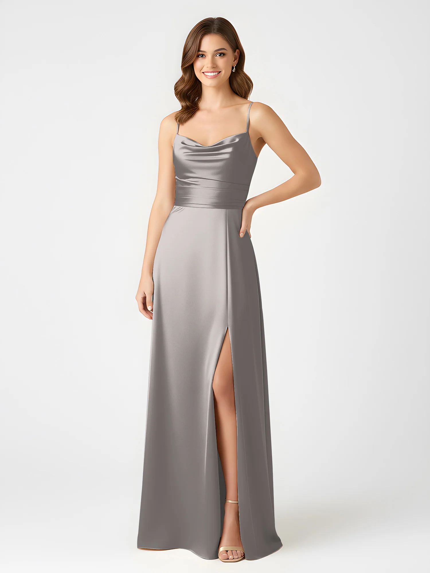 Cowl Neck Spaghetti Strap Acetate Satin Gown with Slit Silver - Image 3