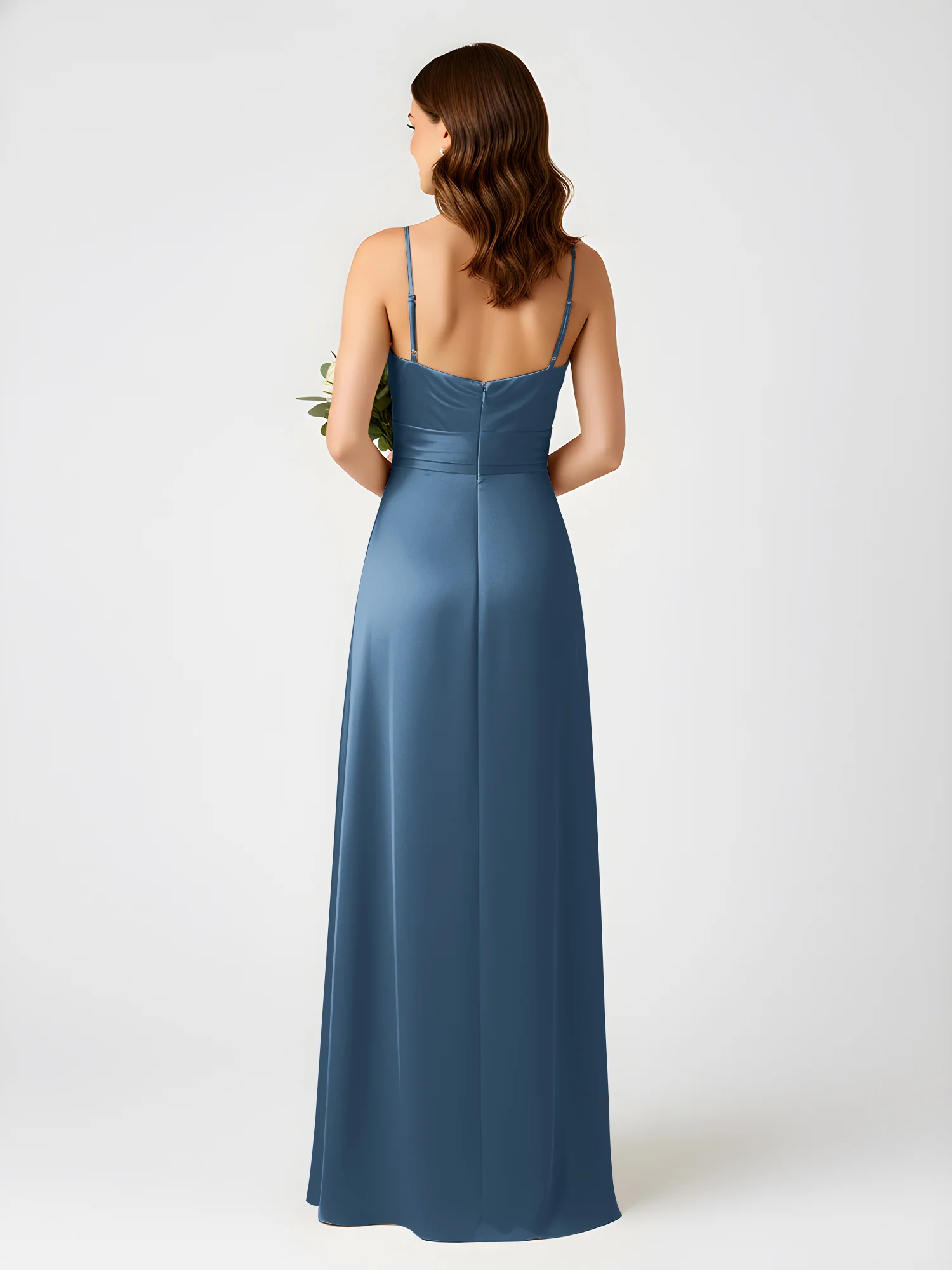 Cowl Neck Spaghetti Strap Acetate Satin Gown with Slit Slate Blue - Image 2