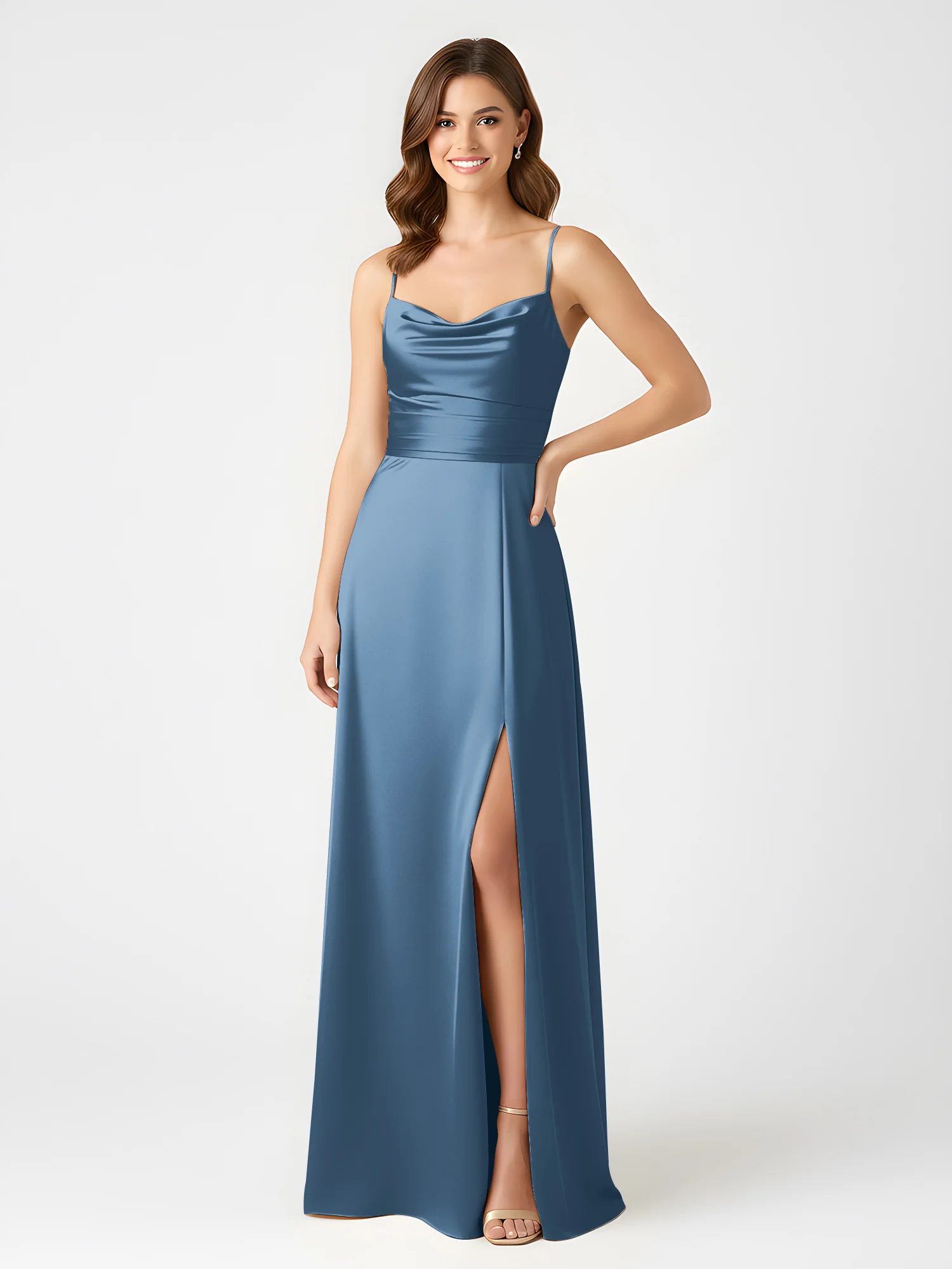 Cowl Neck Spaghetti Strap Acetate Satin Gown with Slit Slate Blue - Image 3