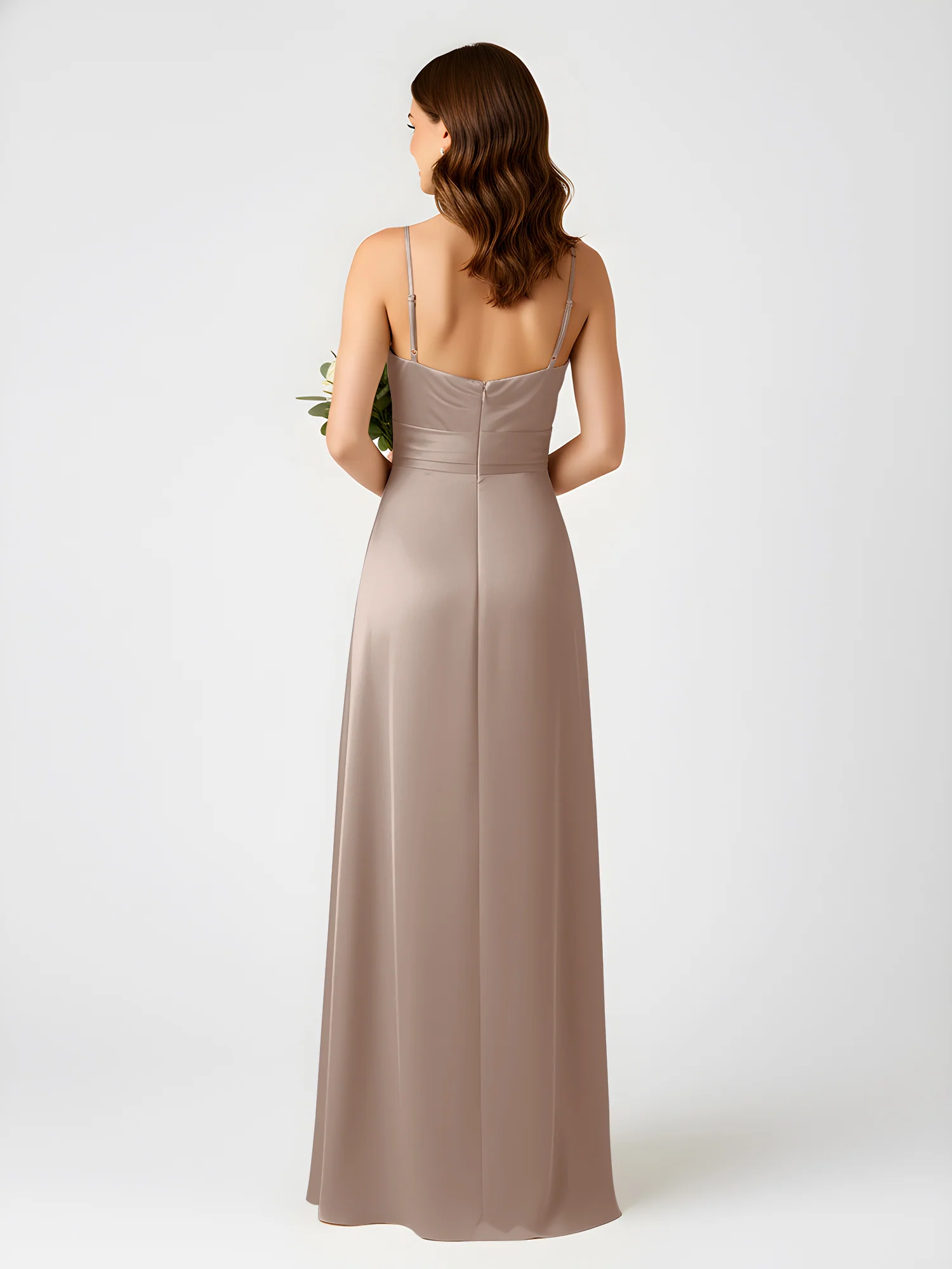 Cowl Neck Spaghetti Strap Acetate Satin Gown with Slit Taupe - Image 2
