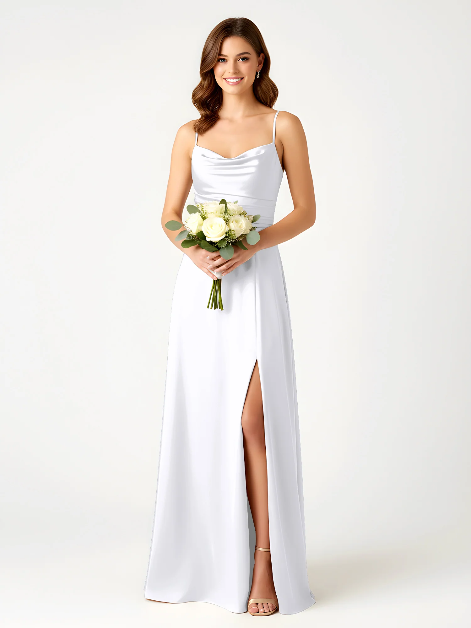 Cowl Neck Spaghetti Strap Acetate Satin Gown with Slit White