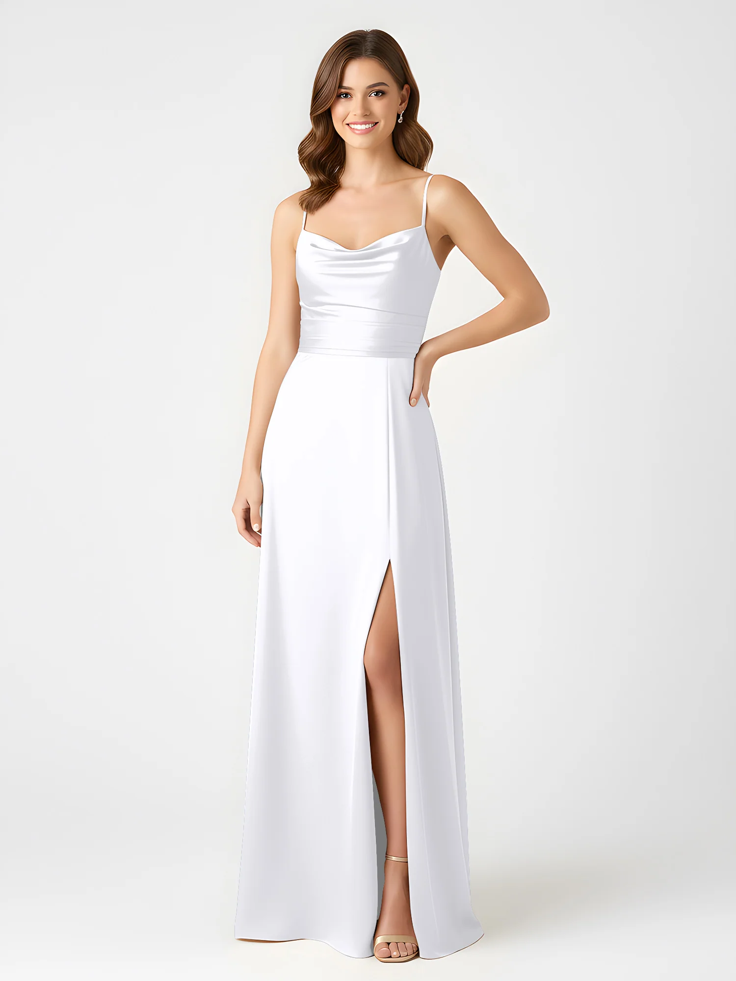 Cowl Neck Spaghetti Strap Acetate Satin Gown with Slit White - Image 3