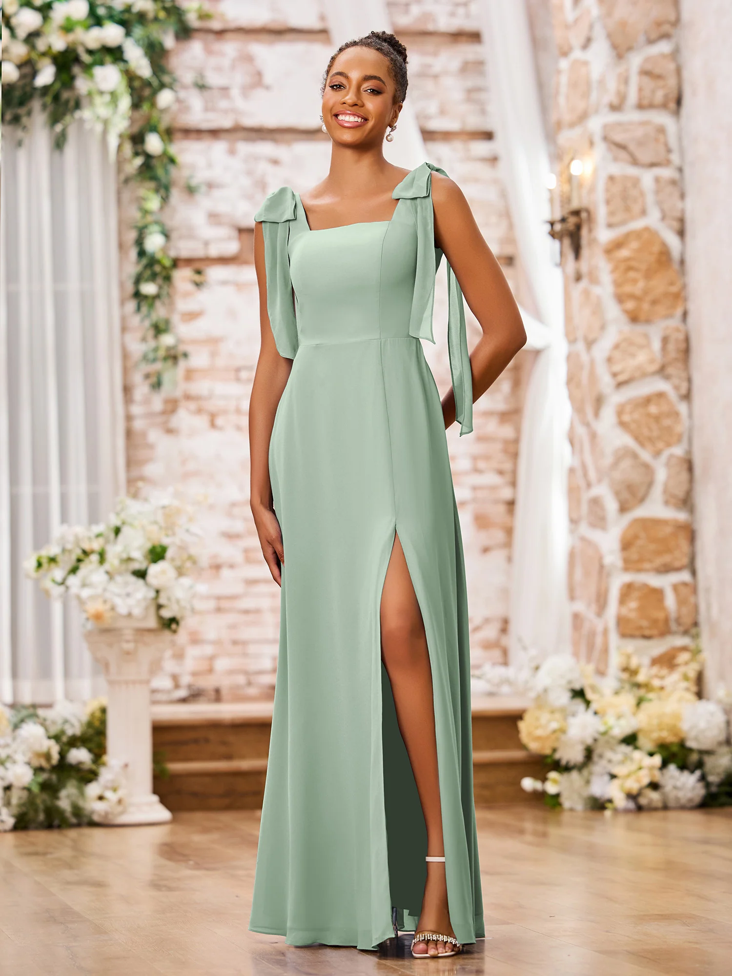 Double Bows Straps Square Neck Chiffon Dresses with Slit Agave - Image 3