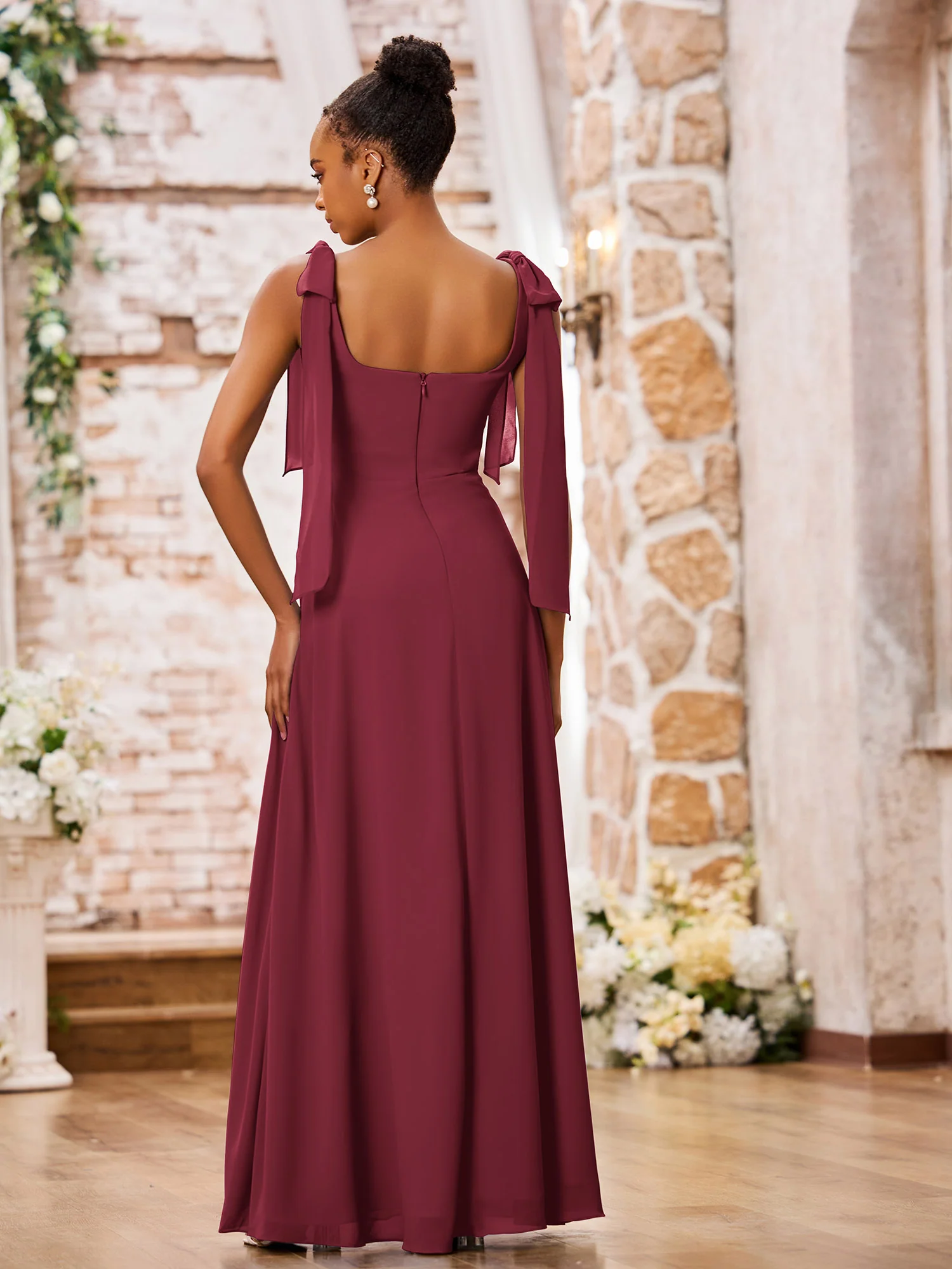 Double Bows Straps Square Neck Chiffon Dresses with Slit Cinnamon Rose - Image 2