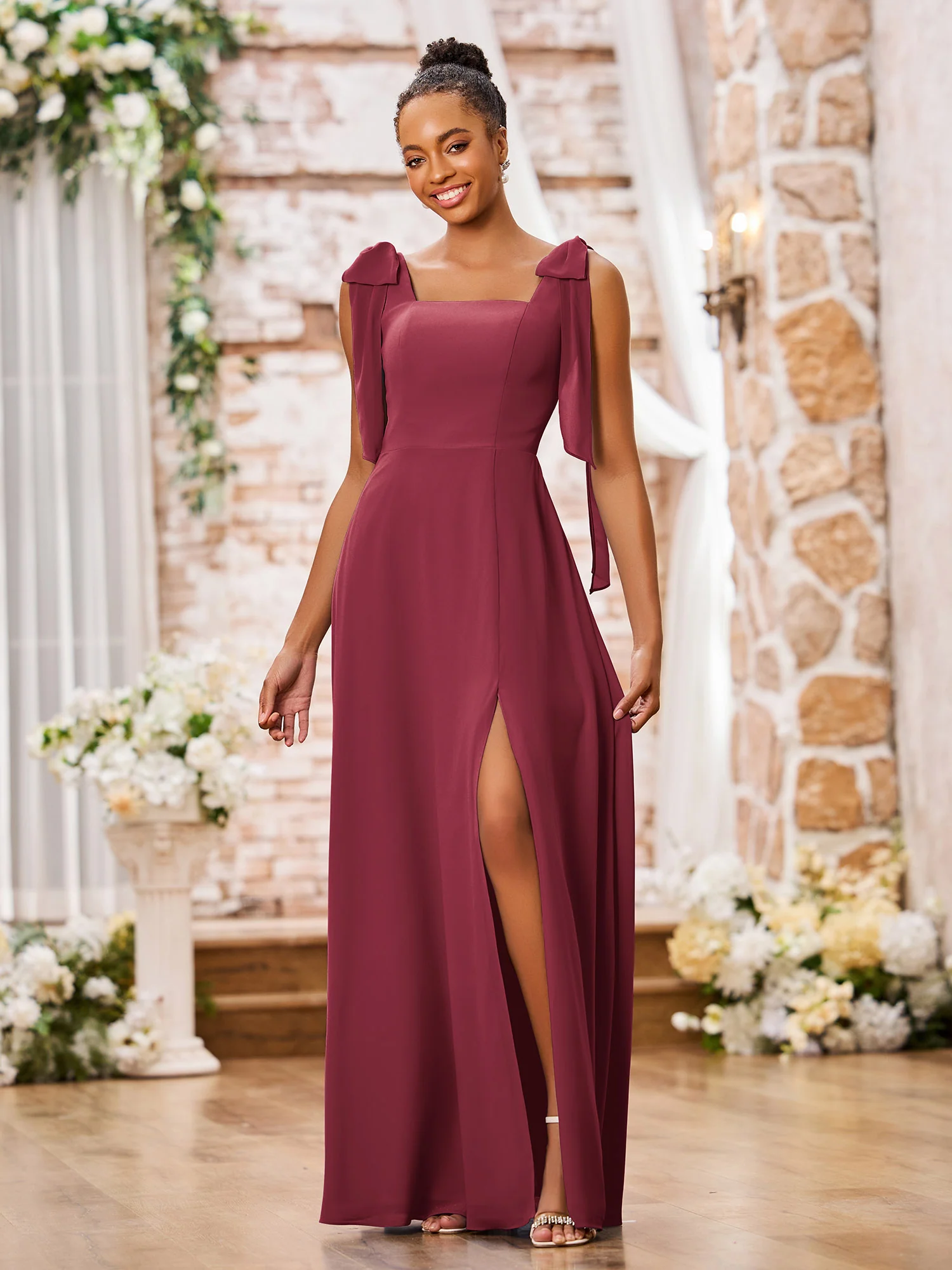 Double Bows Straps Square Neck Chiffon Dresses with Slit Cinnamon Rose - Image 3