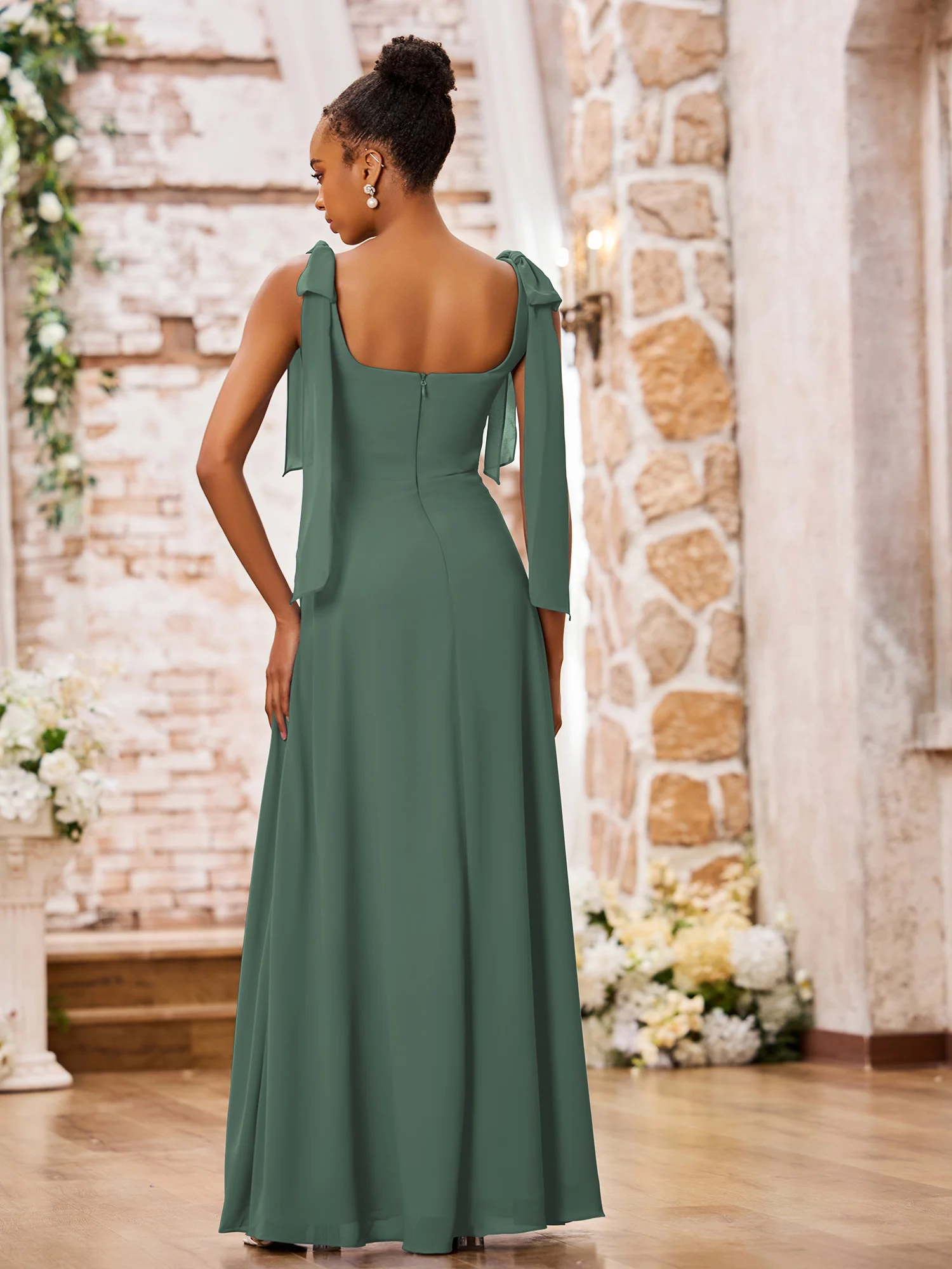 Double Bows Straps Square Neck Chiffon Dresses with Slit Eucalyptus - Image 2