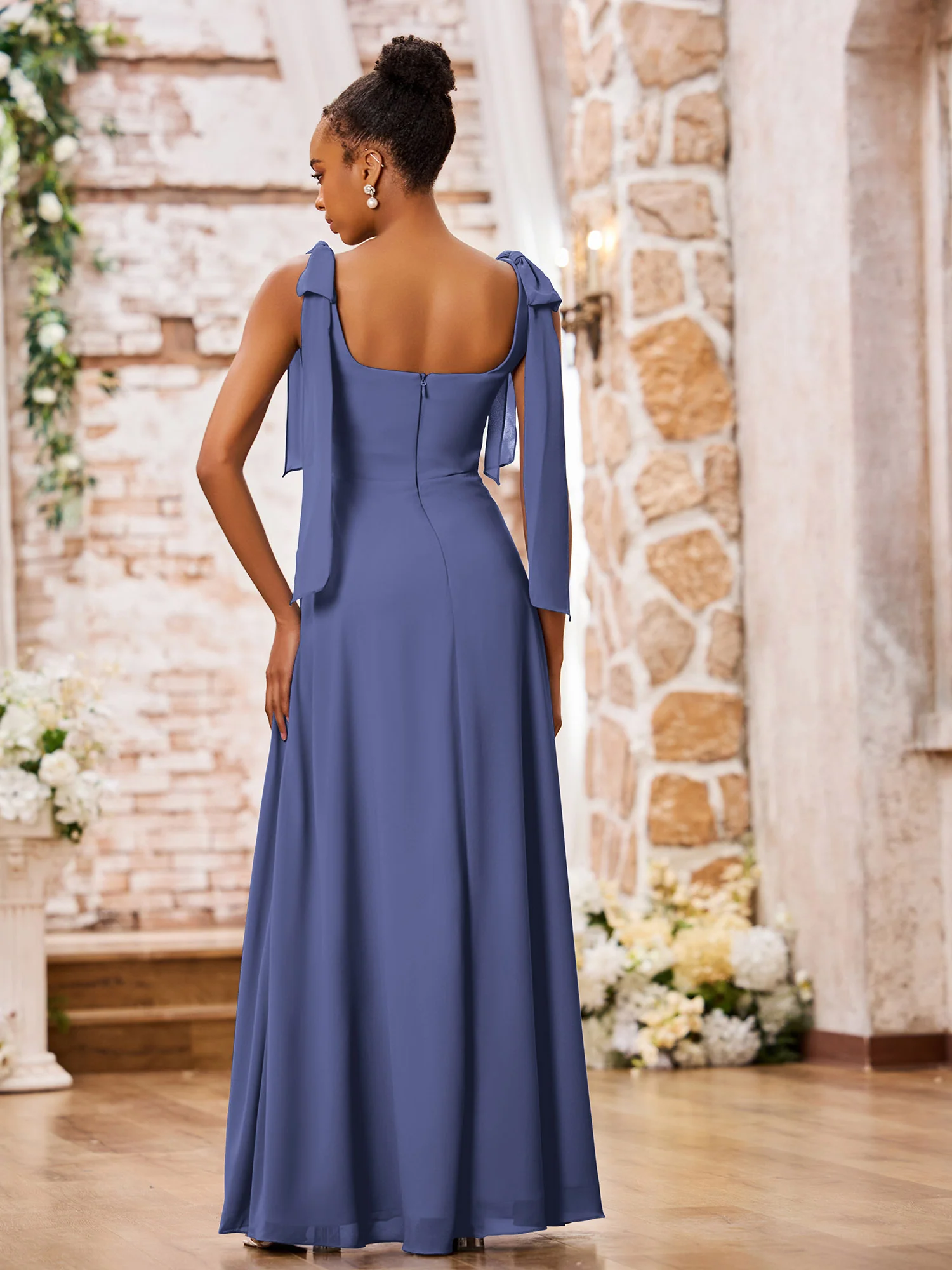 Double Bows Straps Square Neck Chiffon Dresses with Slit Periwinkle - Image 2