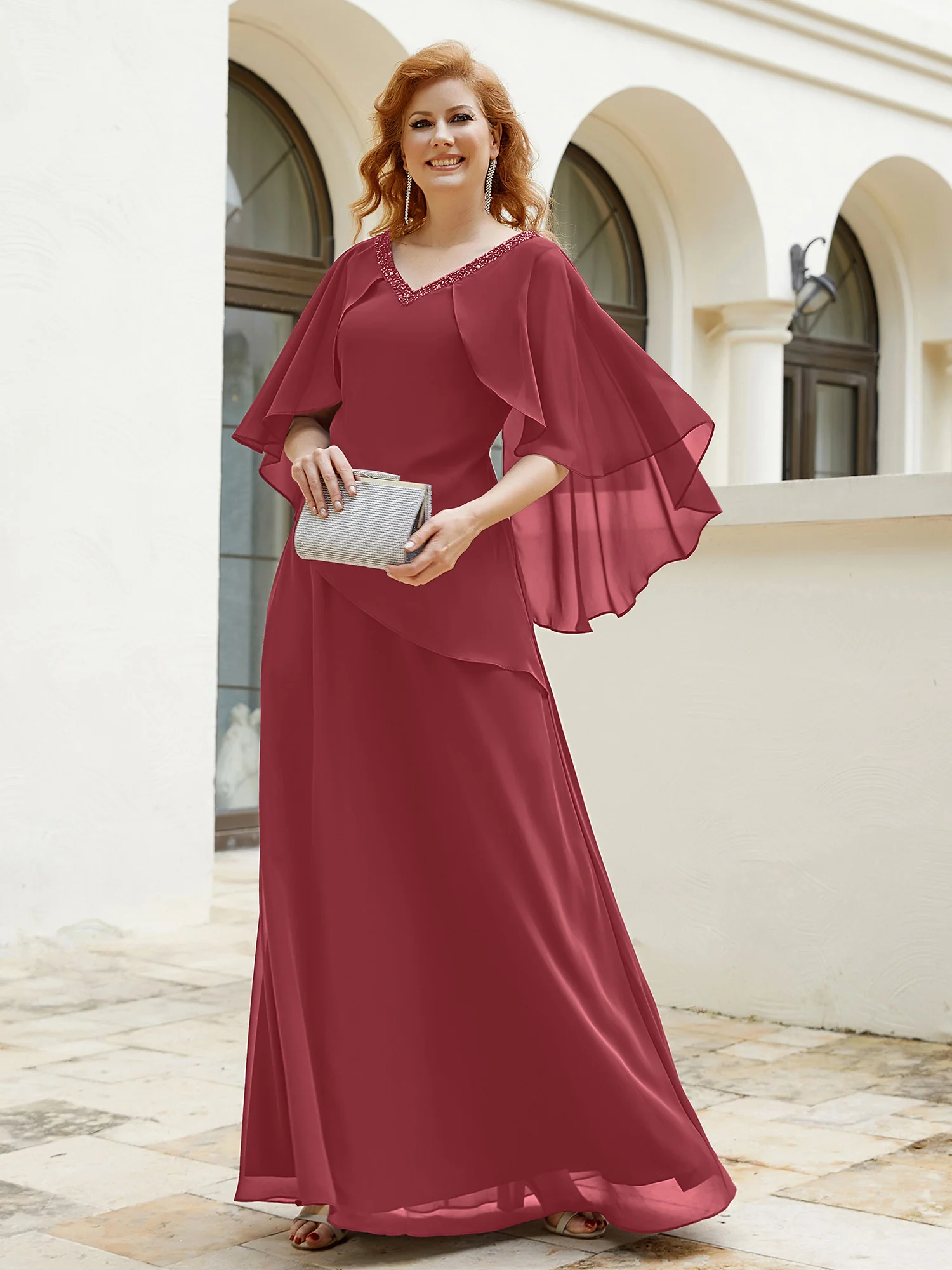 Dress Adorned with Beaded Elegance and Flutter Sleeves Cinnamon Rose