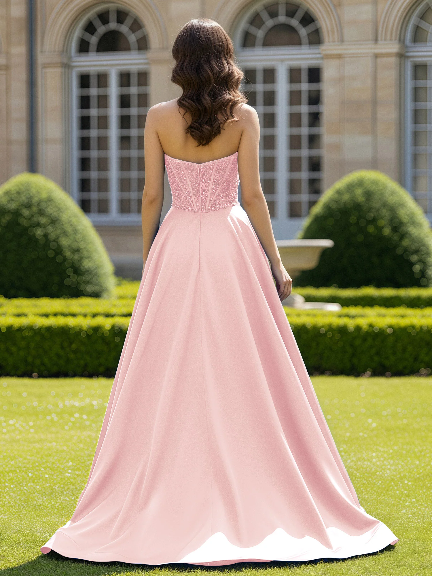 Satin Strapless Ball Gown Appliqued Prom Dress With Sweep Train Blushing Pink - Image 2
