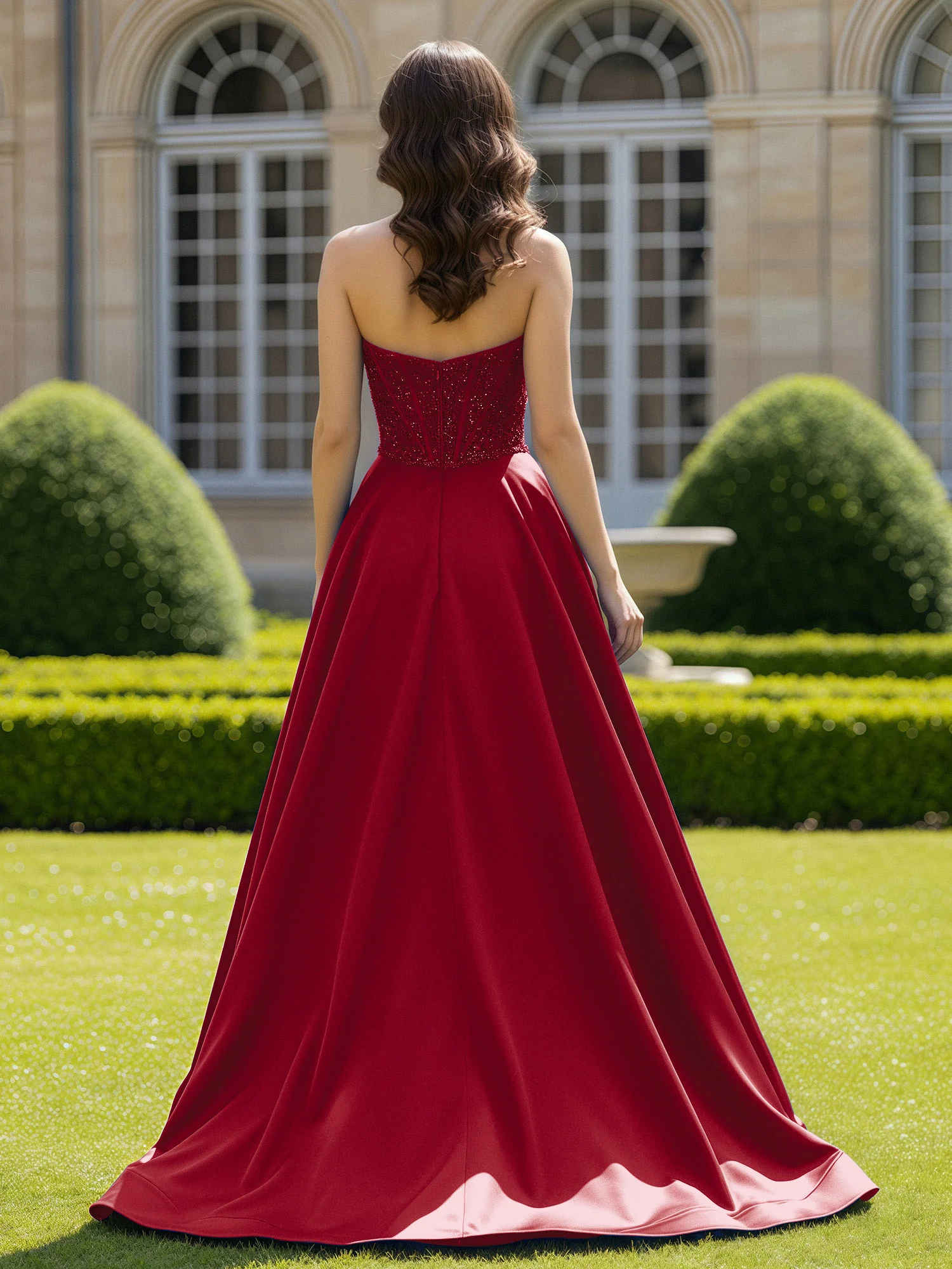 Satin Strapless Ball Gown Appliqued Prom Dress With Sweep Train Burgundy - Image 2