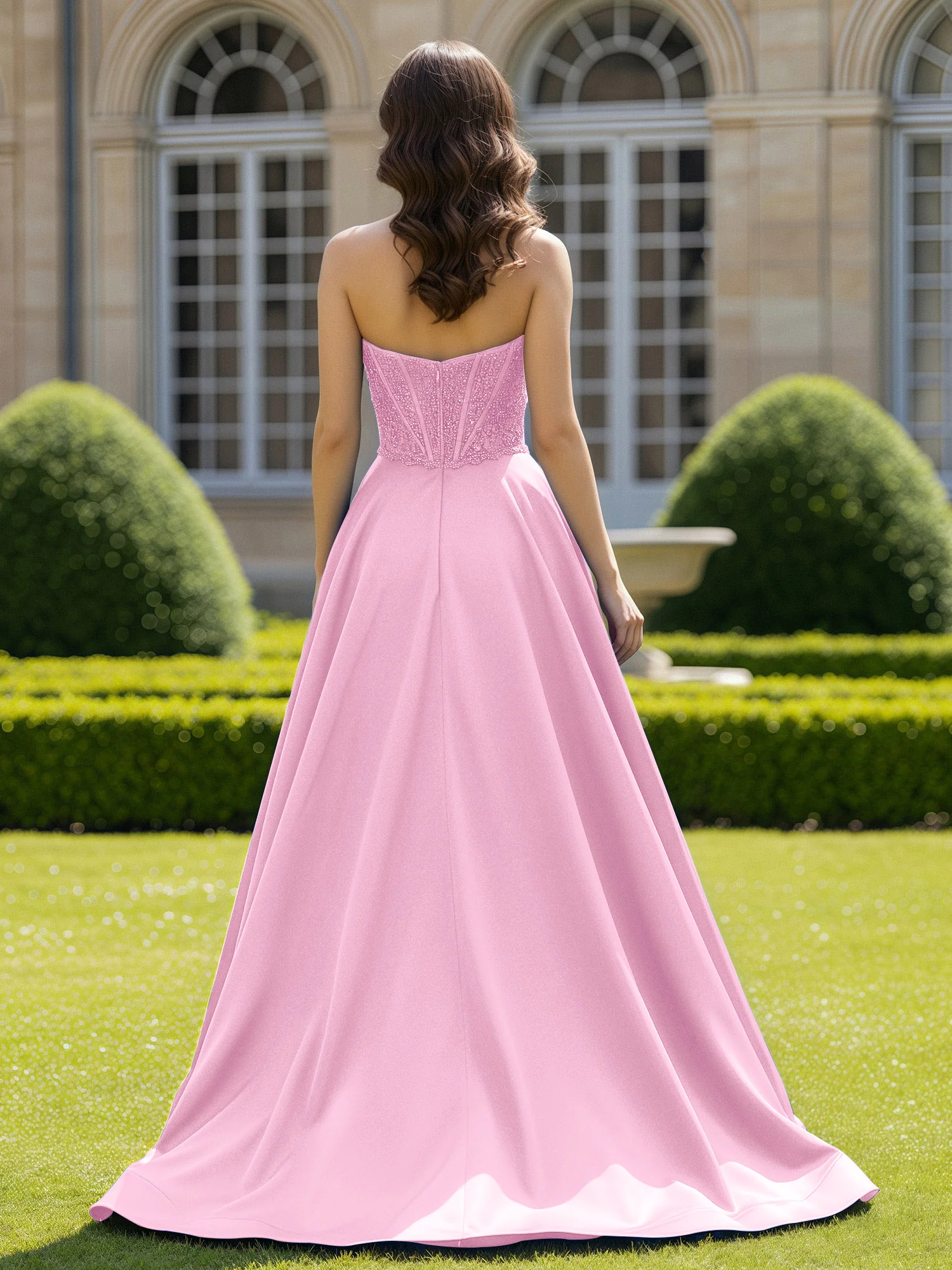 Satin Strapless Ball Gown Appliqued Prom Dress With Sweep Train Candy Pink - Image 2