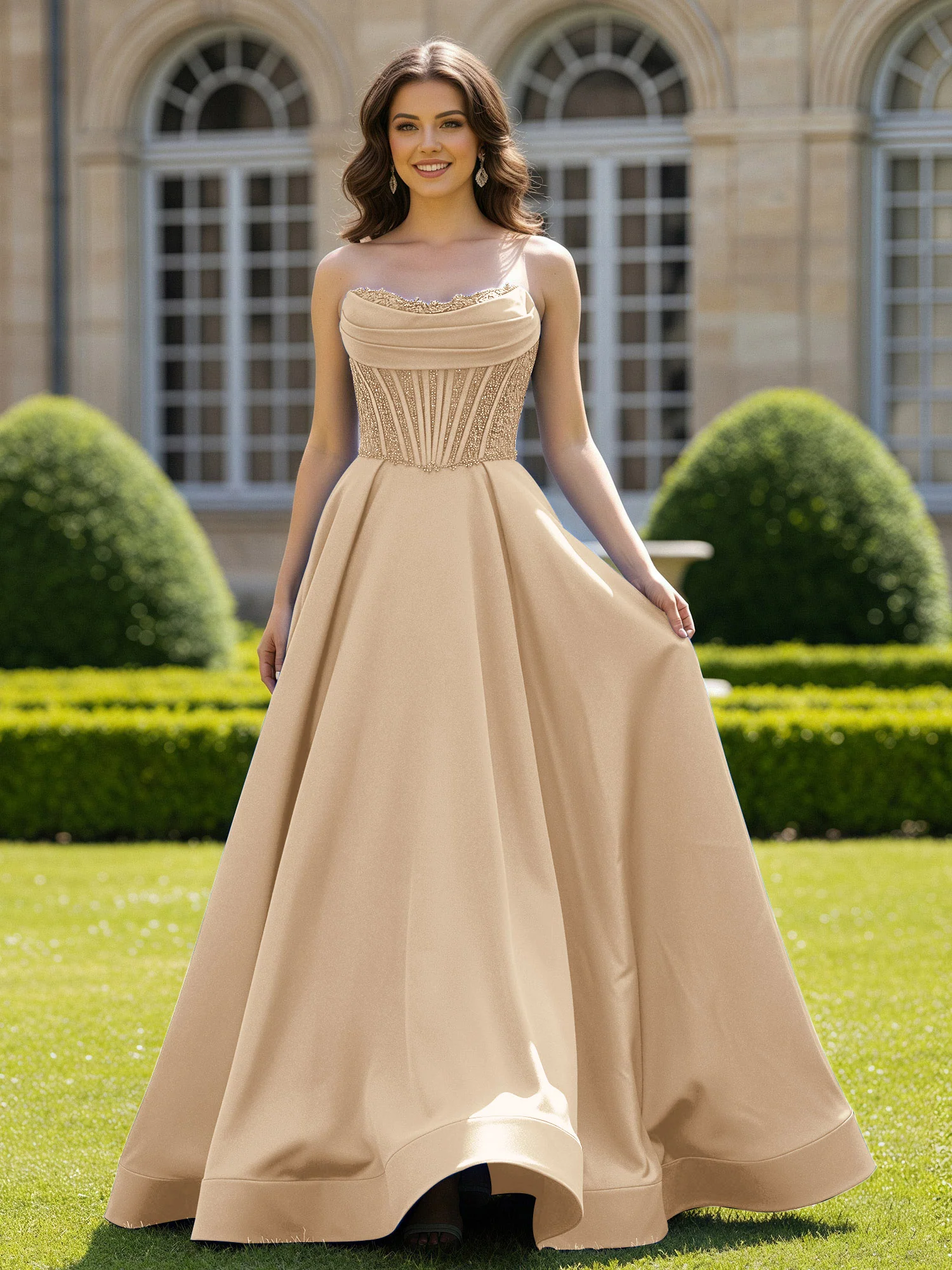 Satin Strapless Ball Gown Appliqued Prom Dress With Sweep Train Champagne