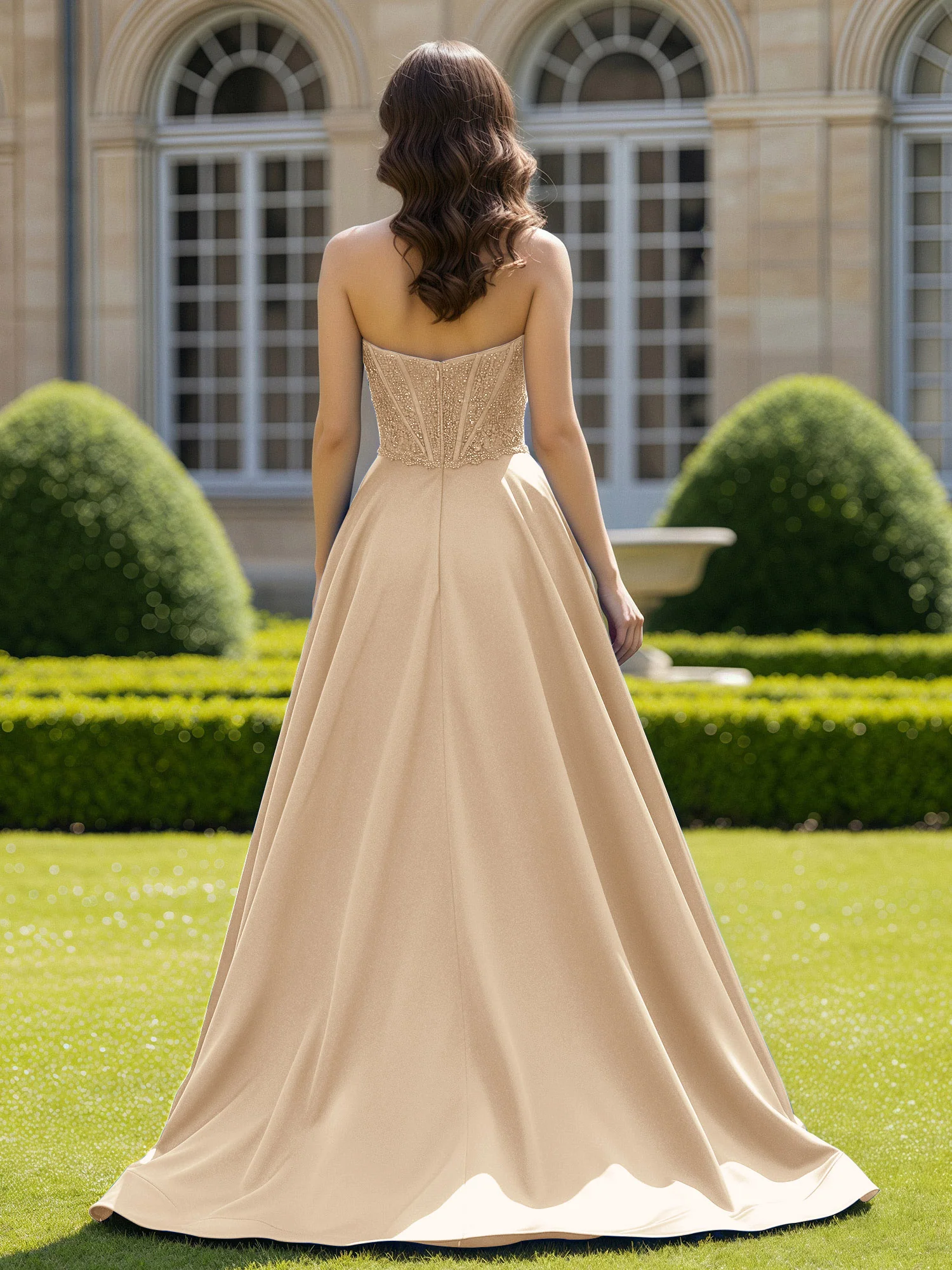 Satin Strapless Ball Gown Appliqued Prom Dress With Sweep Train Champagne - Image 2