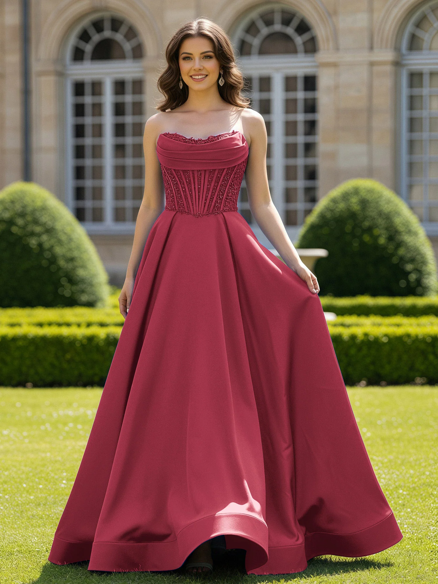 Satin Strapless Ball Gown Appliqued Prom Dress With Sweep Train Cinnamon Rose