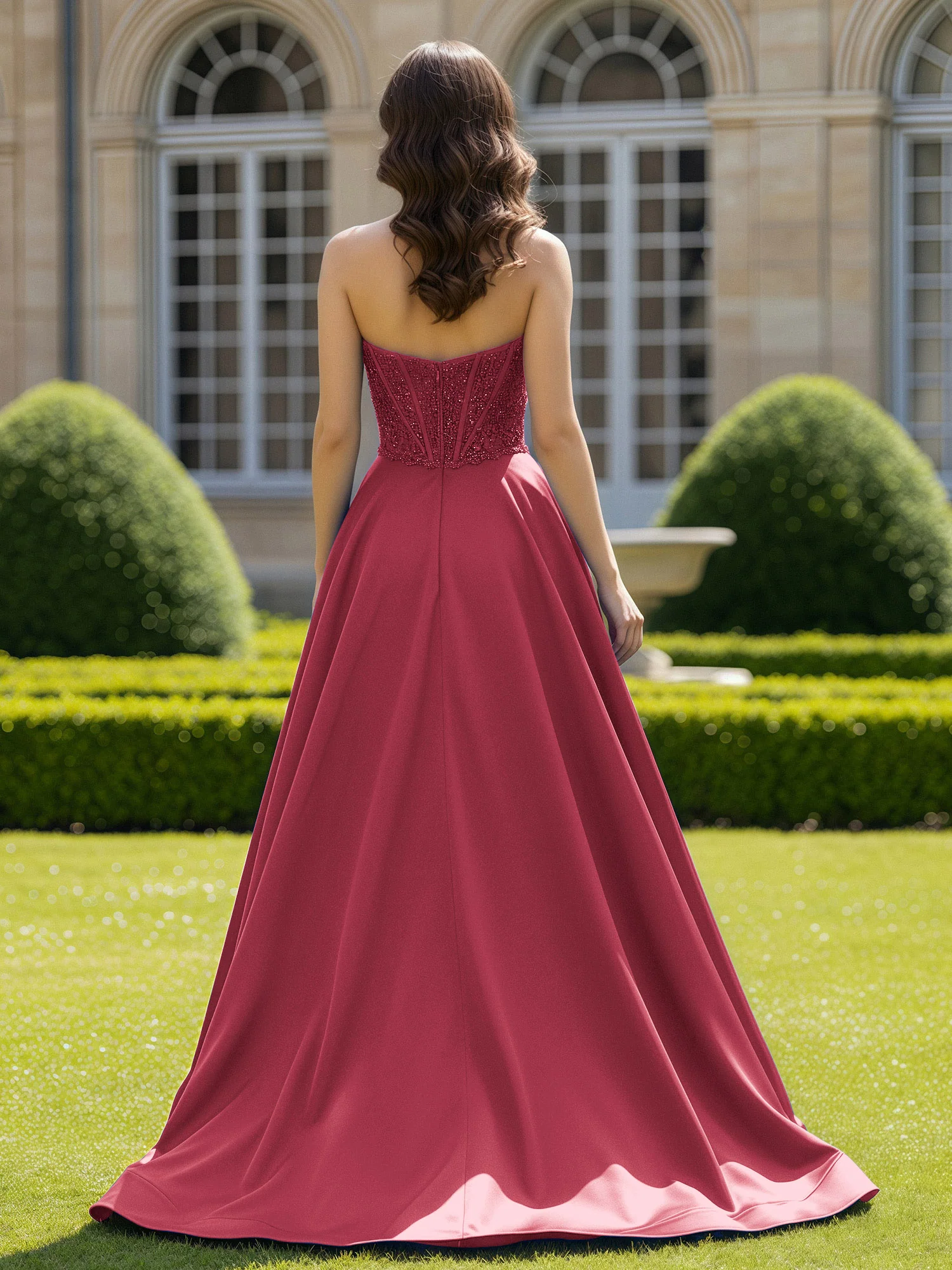Satin Strapless Ball Gown Appliqued Prom Dress With Sweep Train Cinnamon Rose - Image 2