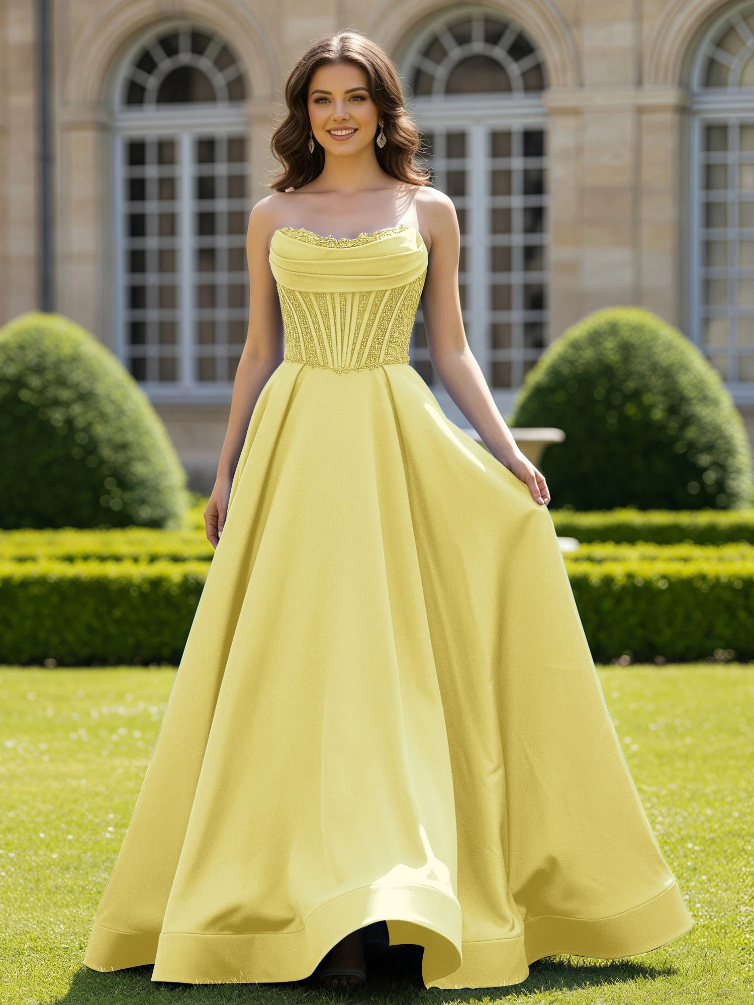 Satin Strapless Ball Gown Appliqued Prom Dress With Sweep Train Daffodil