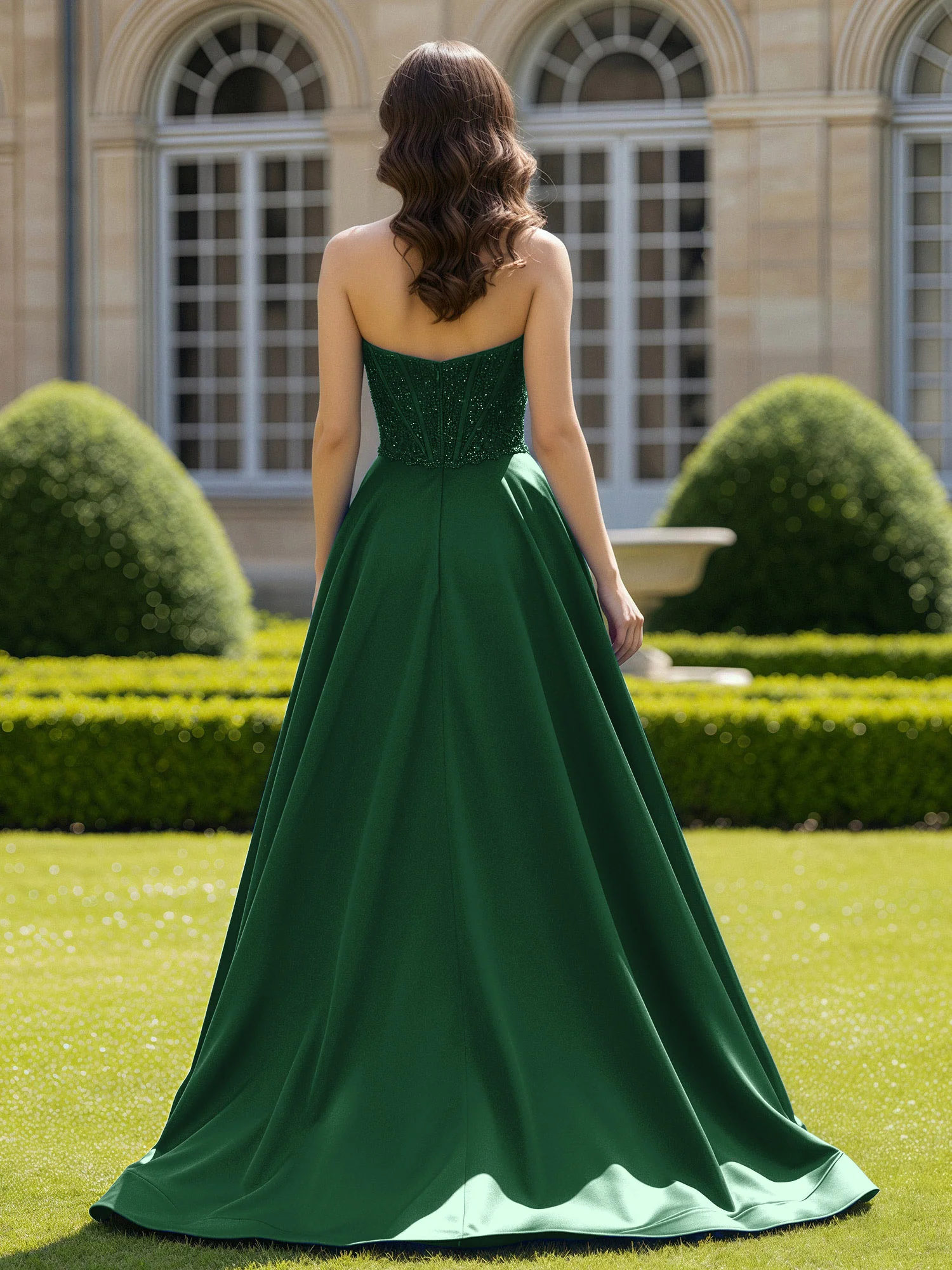 Satin Strapless Ball Gown Appliqued Prom Dress With Sweep Train Dark Green - Image 2