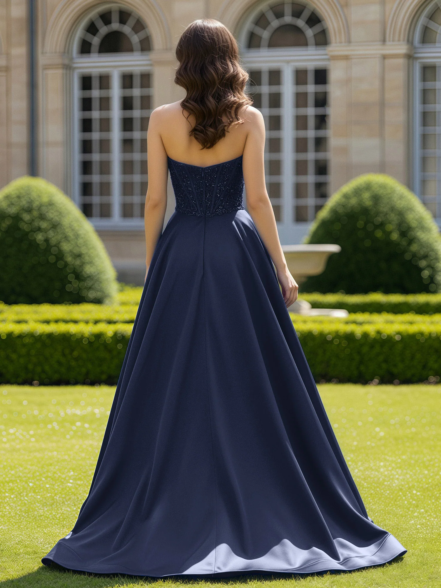 Satin Strapless Ball Gown Appliqued Prom Dress With Sweep Train Dark Navy - Image 2