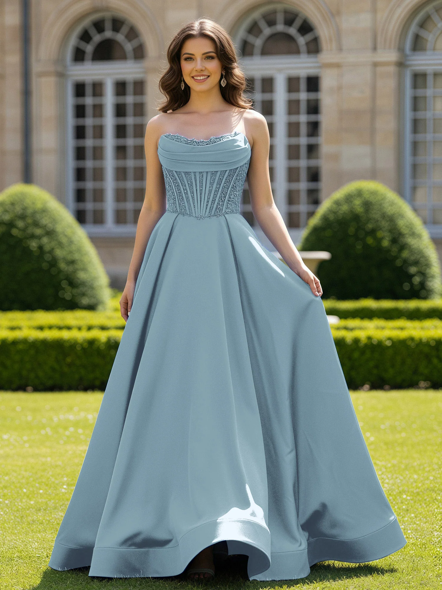 Satin Strapless Ball Gown Appliqued Prom Dress With Sweep Train Dusty Blue