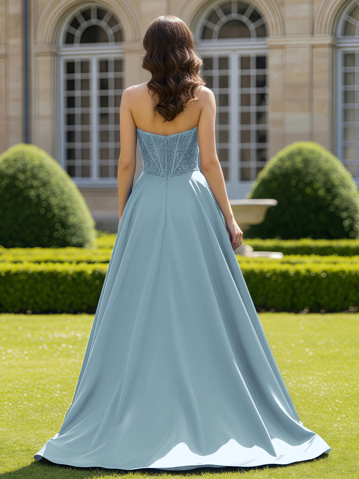 Satin Strapless Ball Gown Appliqued Prom Dress With Sweep Train Dusty Blue - Image 2