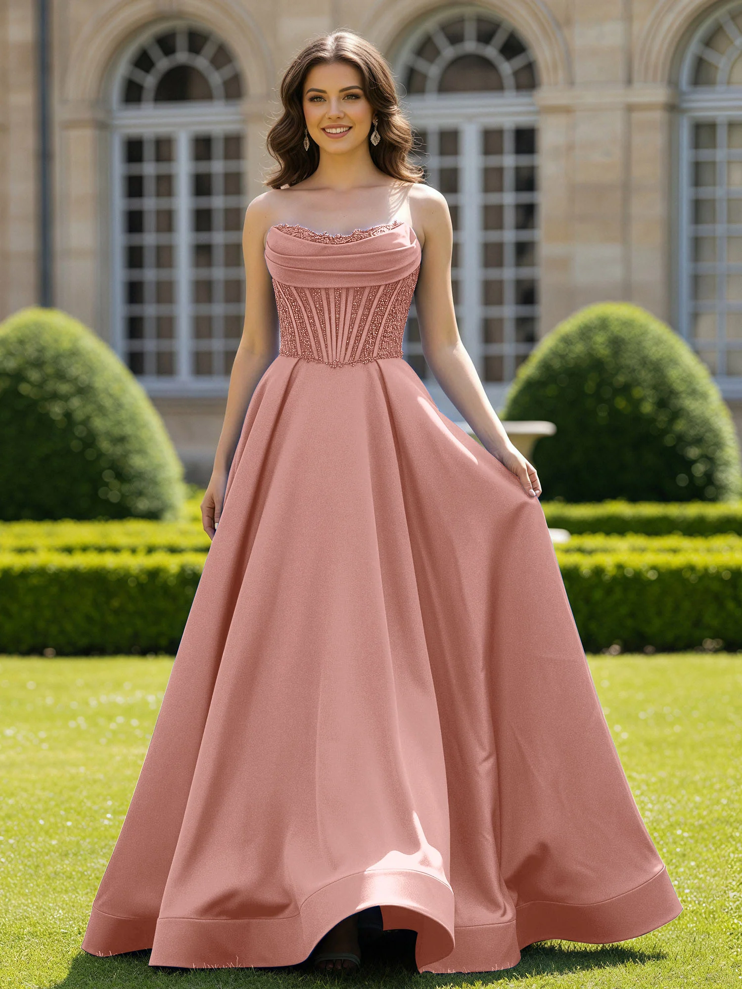Satin Strapless Ball Gown Appliqued Prom Dress With Sweep Train Dusty Rose